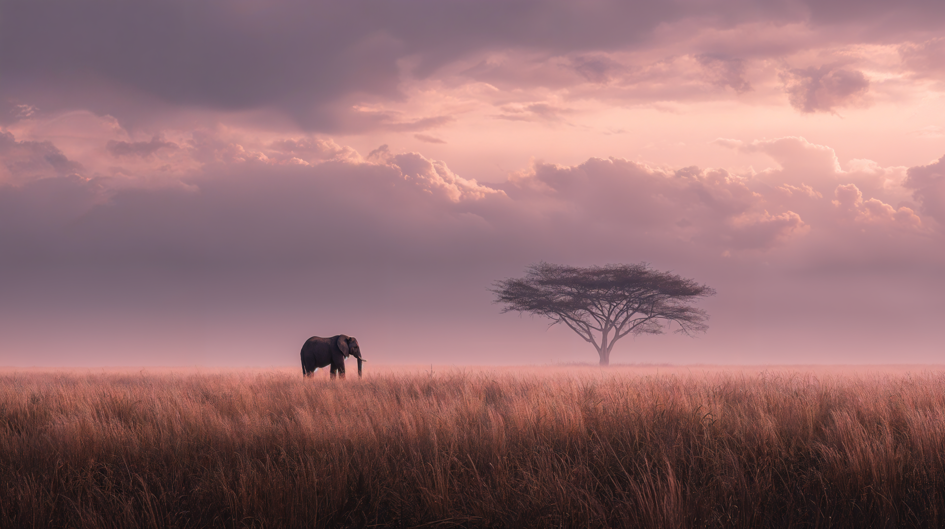 A serene savanna landscape at dusk with an elephant near a lone acacia tree, captured in stunning 4K Ultra HD for a PC desktop wallpaper background.
