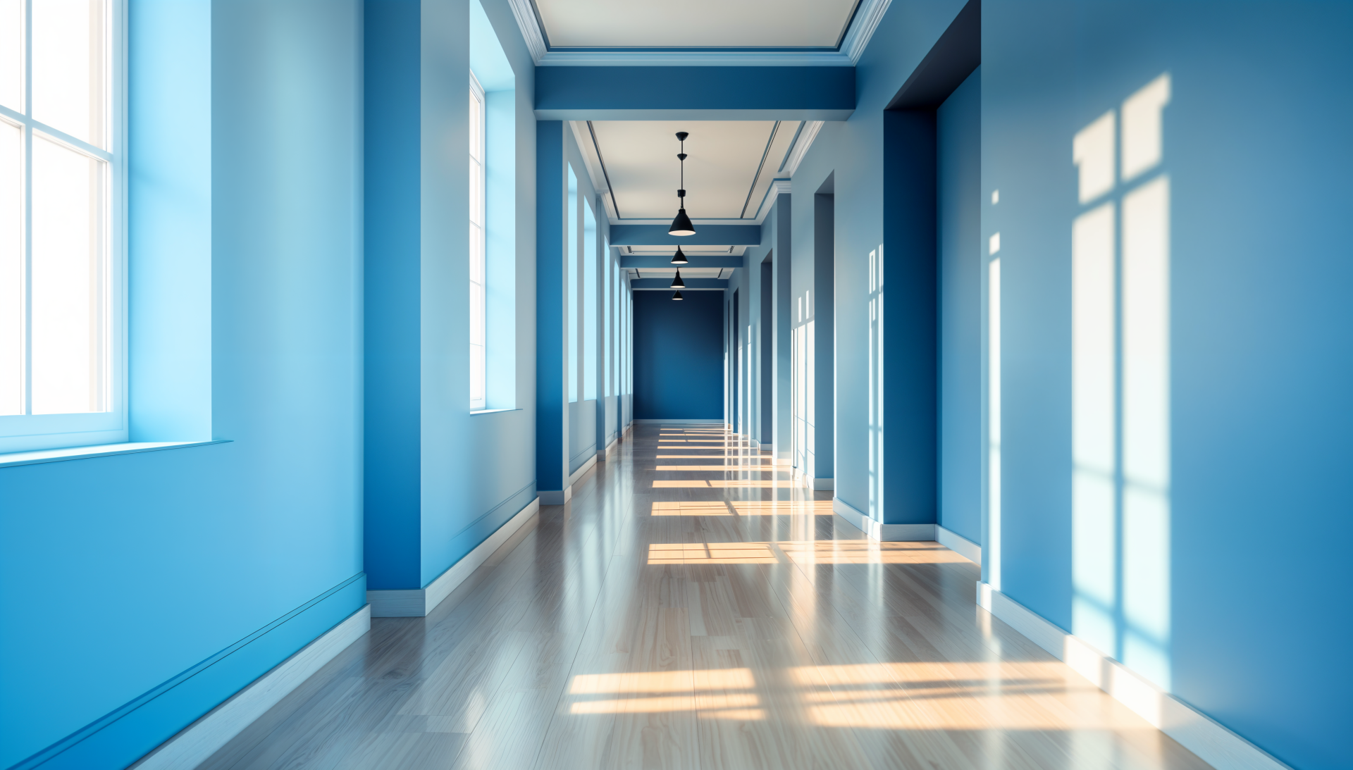 Bright, minimalist hall with blue walls and large windows casting sunlight on the polished floor. 4K Ultra HD PC desktop wallpaper showcasing clean architectural lines.