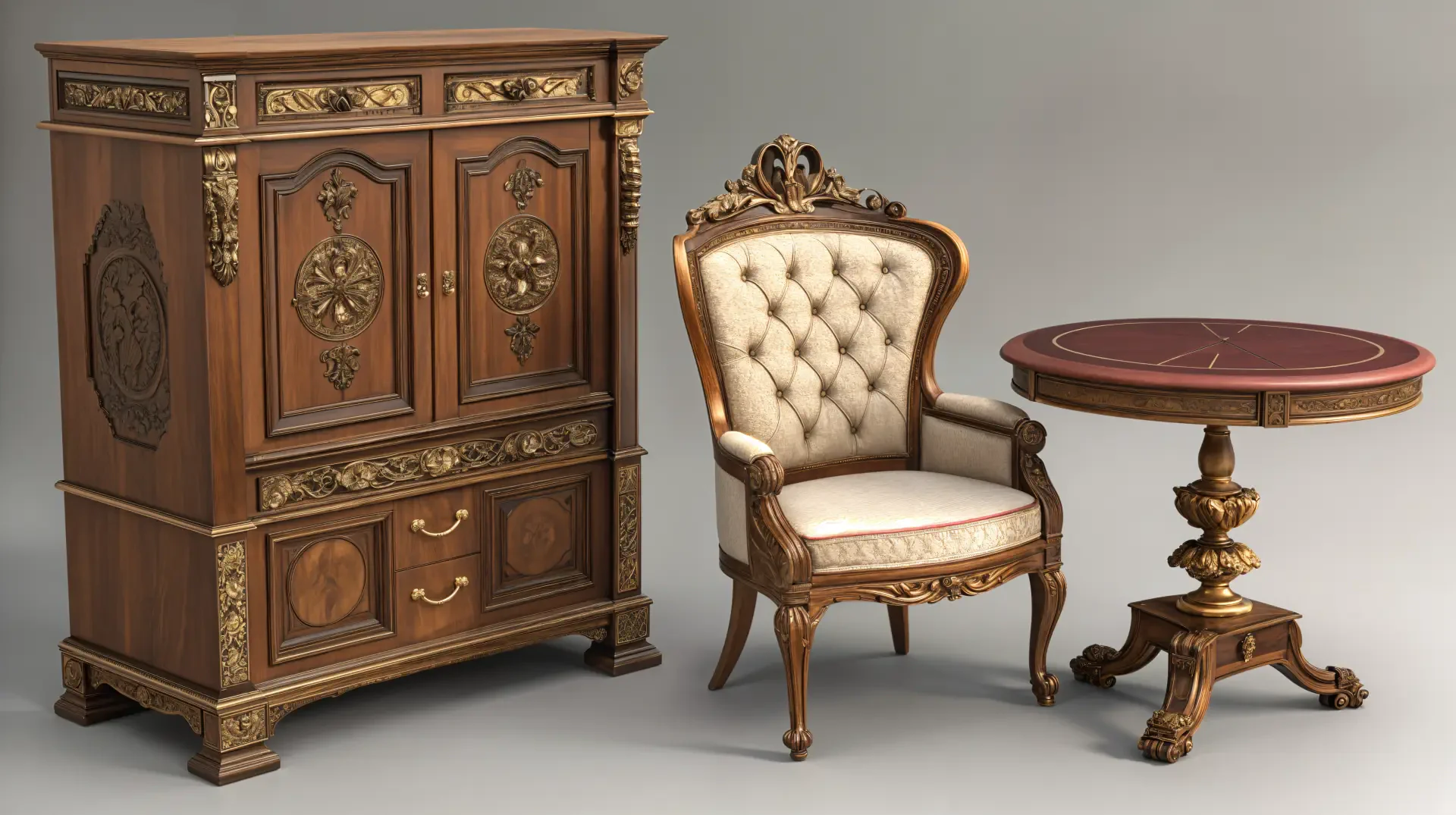 Antique furniture set featuring a carved wooden cabinet, a tufted upholstered armchair, and an ornately detailed round table, showcased in 4K Ultra HD PC Desktop Wallpaper quality.