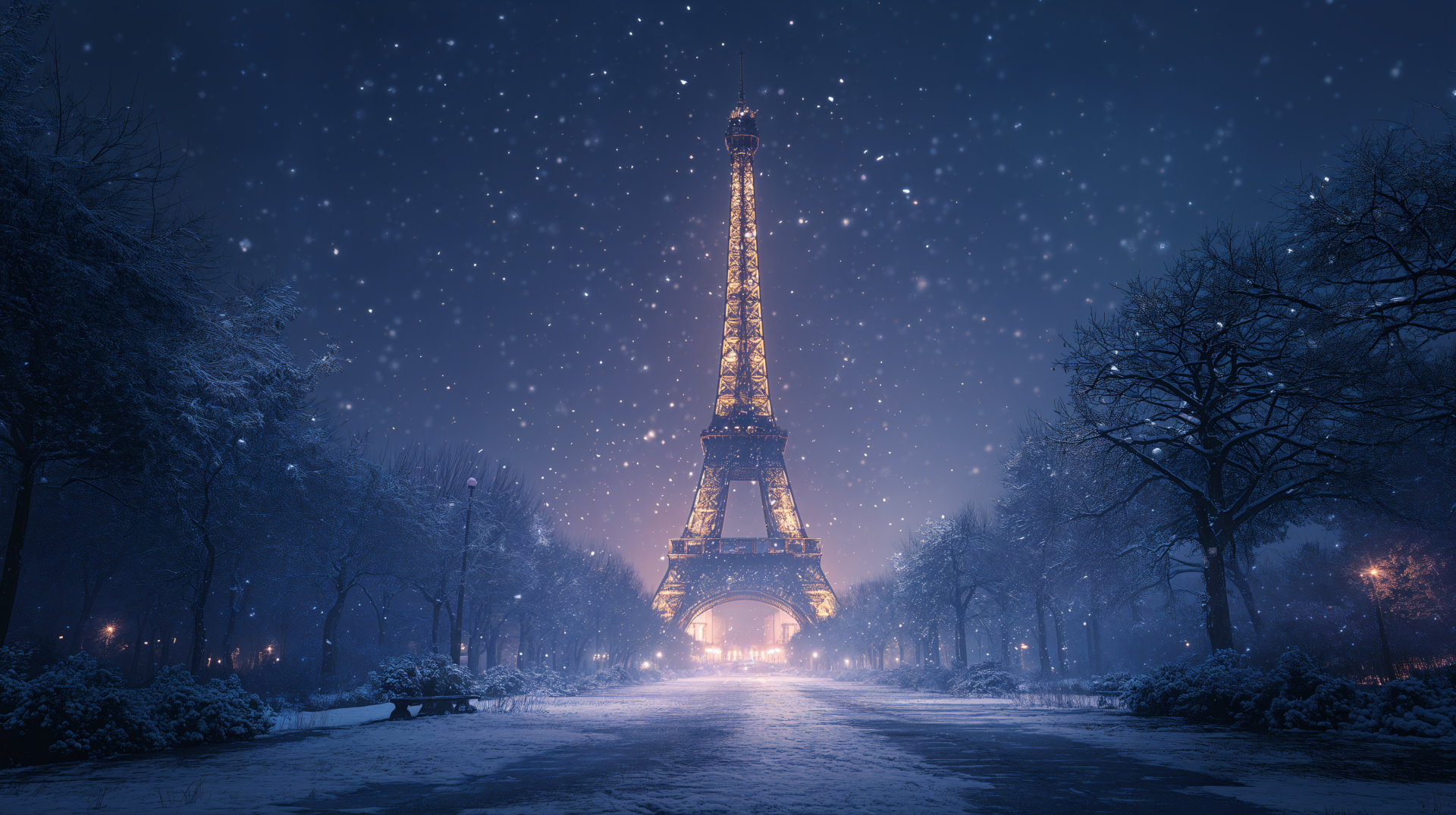 4K Ultra HD desktop wallpaper featuring the illuminated Eiffel Tower at night, surrounded by softly falling snow and bare trees under a deep blue sky.