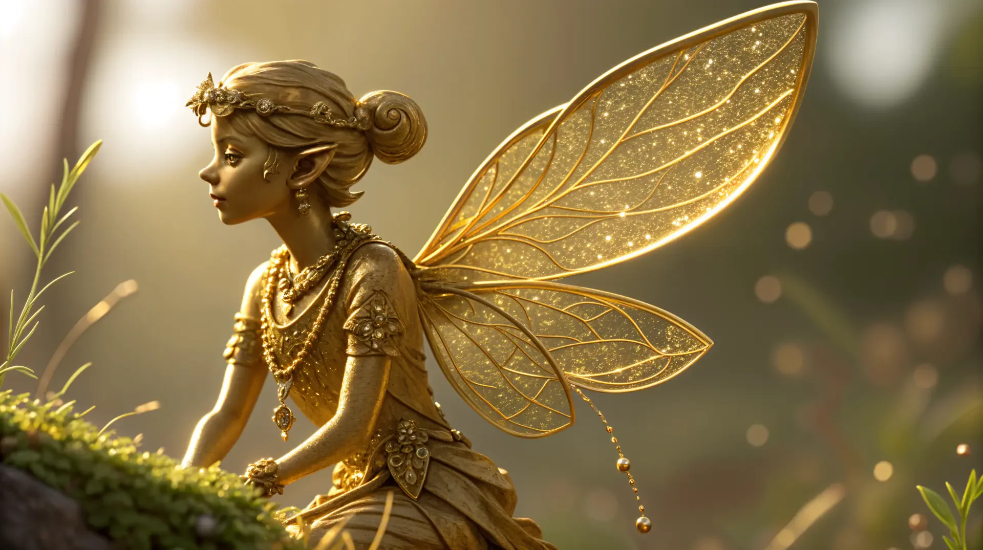 A golden pixie with intricate, glowing wings perched on moss, captured in stunning 4K Ultra HD for a PC desktop wallpaper and background.