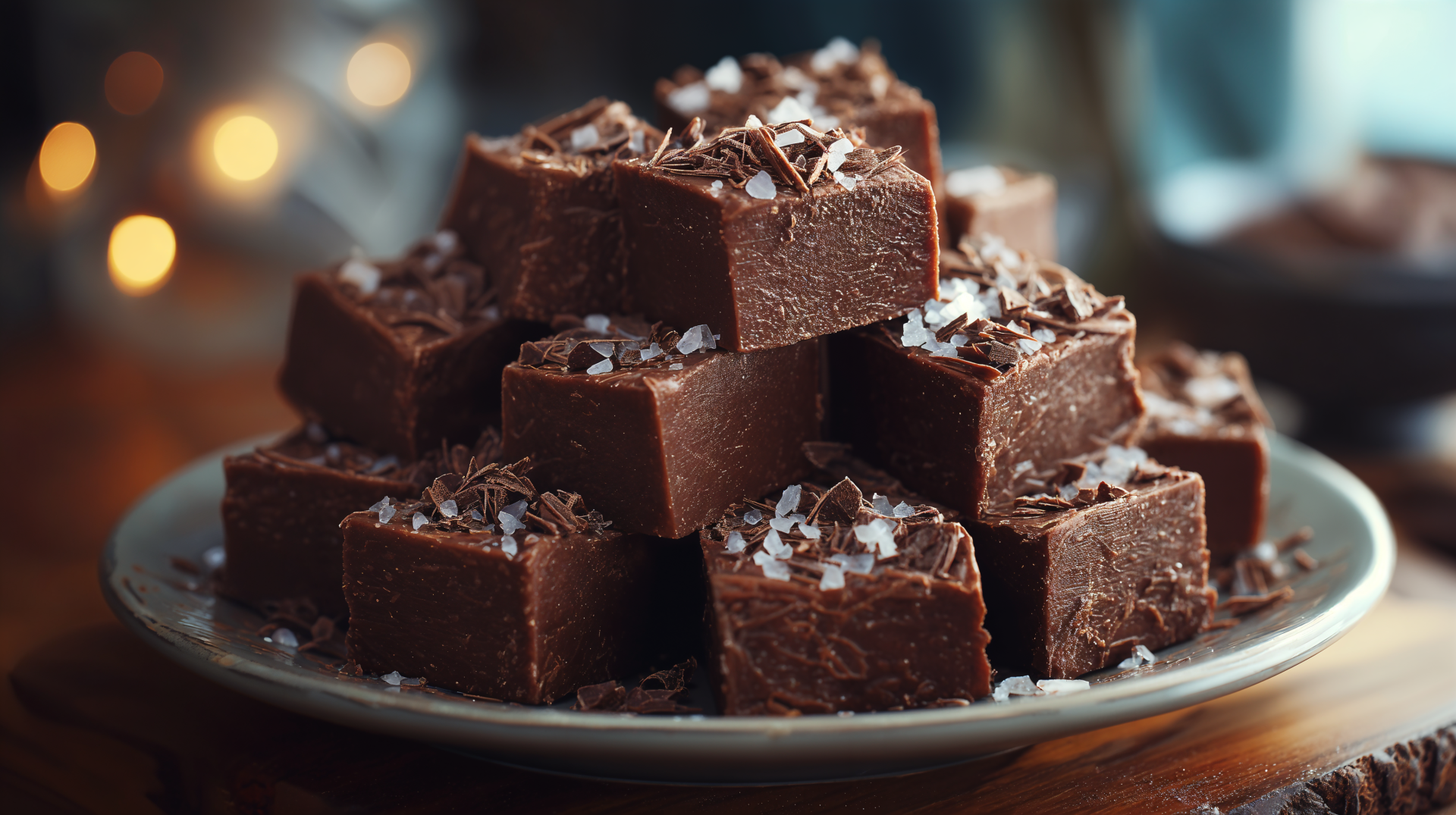 Close-up of rich chocolate fudge squares topped with chocolate shavings on a plate, captured in 4K Ultra HD for a vivid dessert-themed PC desktop wallpaper.