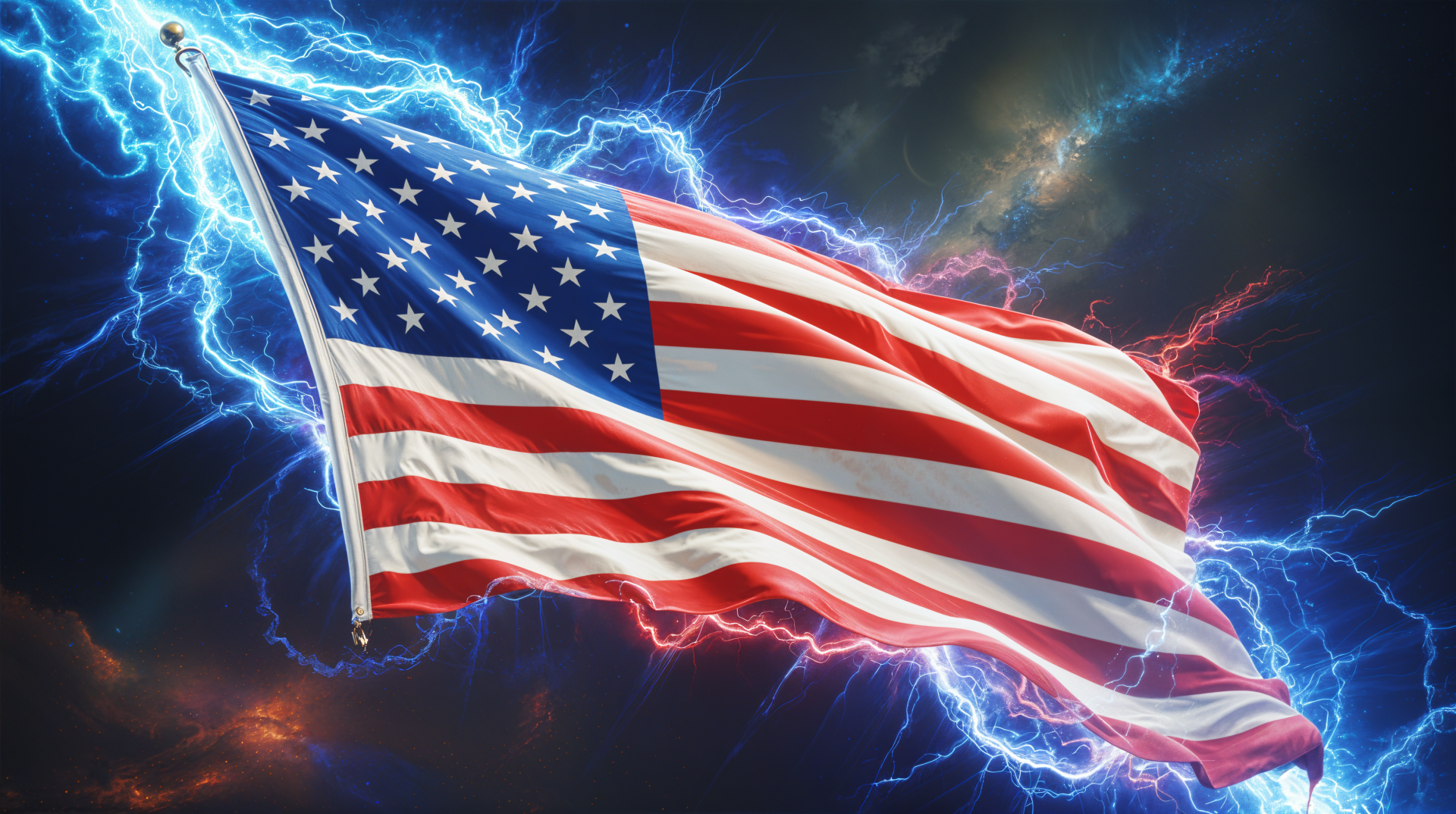 4K Ultra HD desktop wallpaper featuring the American flag illuminated by vibrant blue and red electric lightning, celebrating Flag Day with a dynamic and powerful visual effect.