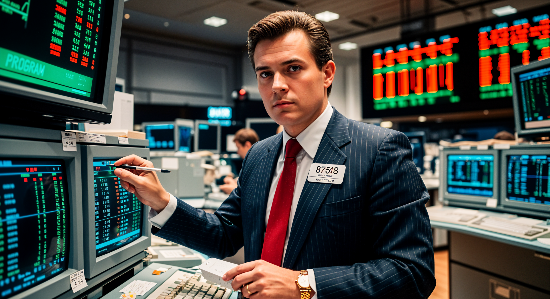 4K Ultra HD desktop wallpaper of a focused stock trader in a suit analyzing market data on multiple screens in a bustling trading floor environment.