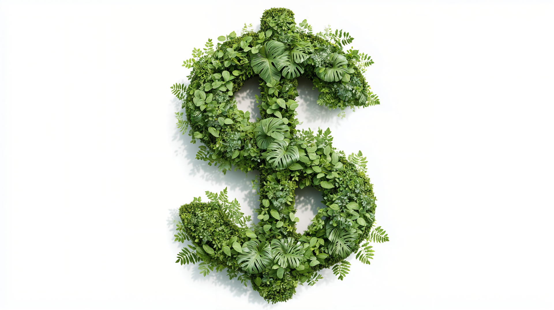 4K Ultra HD PC desktop wallpaper featuring a dollar sign crafted entirely from vibrant green leaves and foliage on a white background.