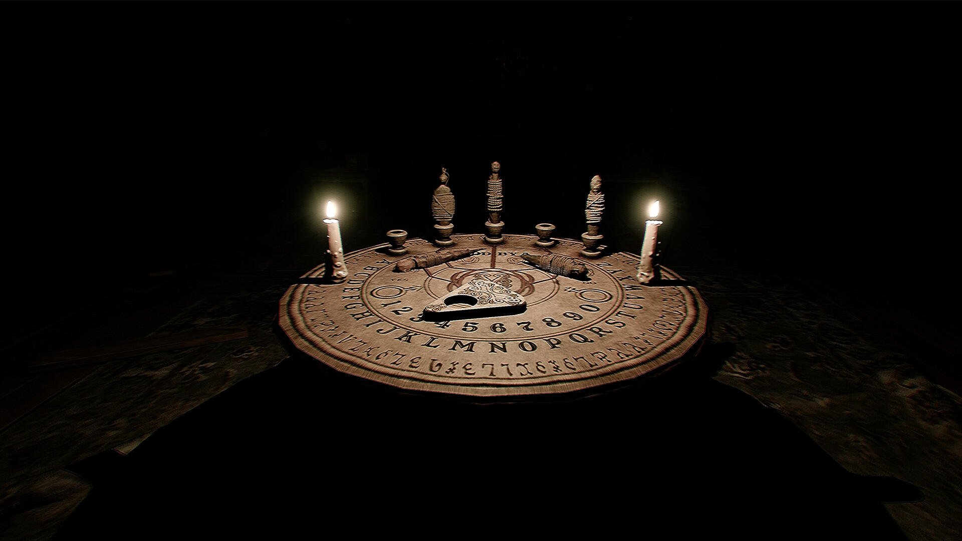 HD PC desktop wallpaper from the video game The Dark Occult featuring a glowing Ouija board surrounded by lit candles in a dark, eerie setting.