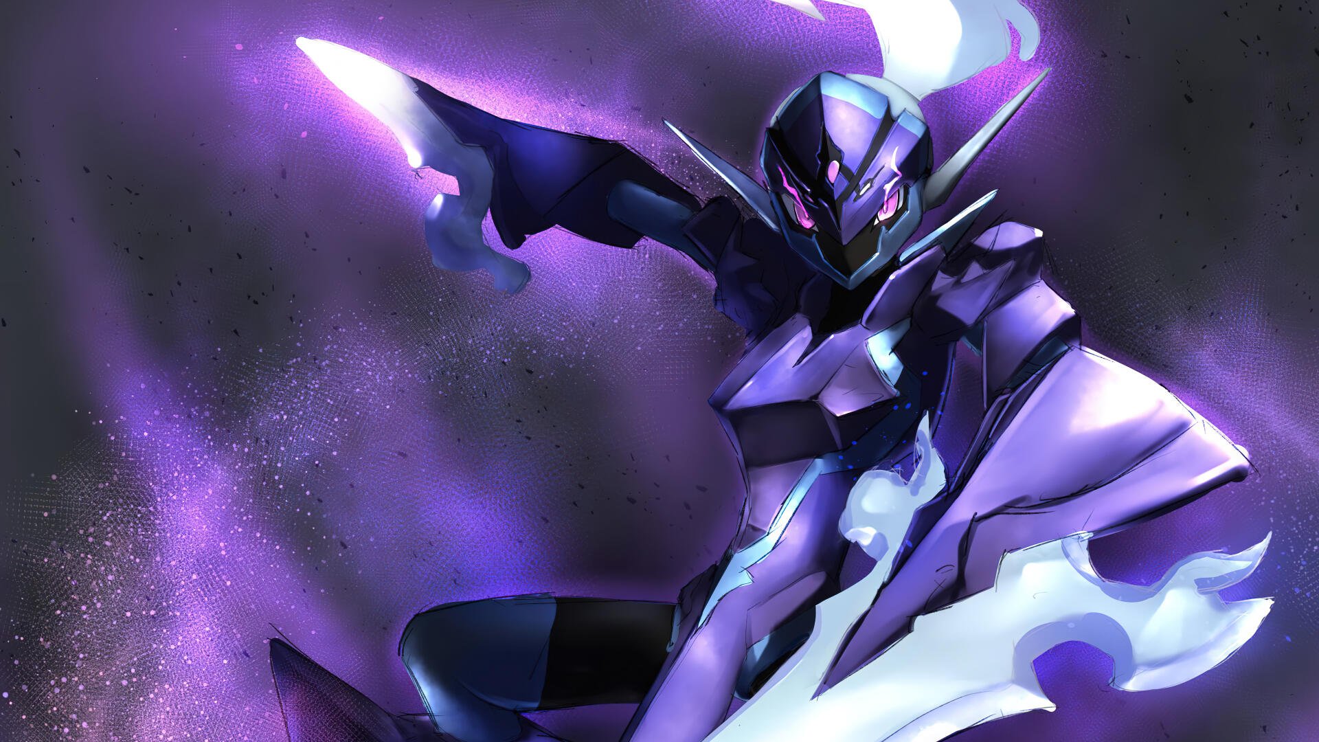 4K Ultra HD anime wallpaper featuring Ceruledge, the ghost Pokémon from Pokémon Horizons: The Series, glowing with eerie purple and blue energy.