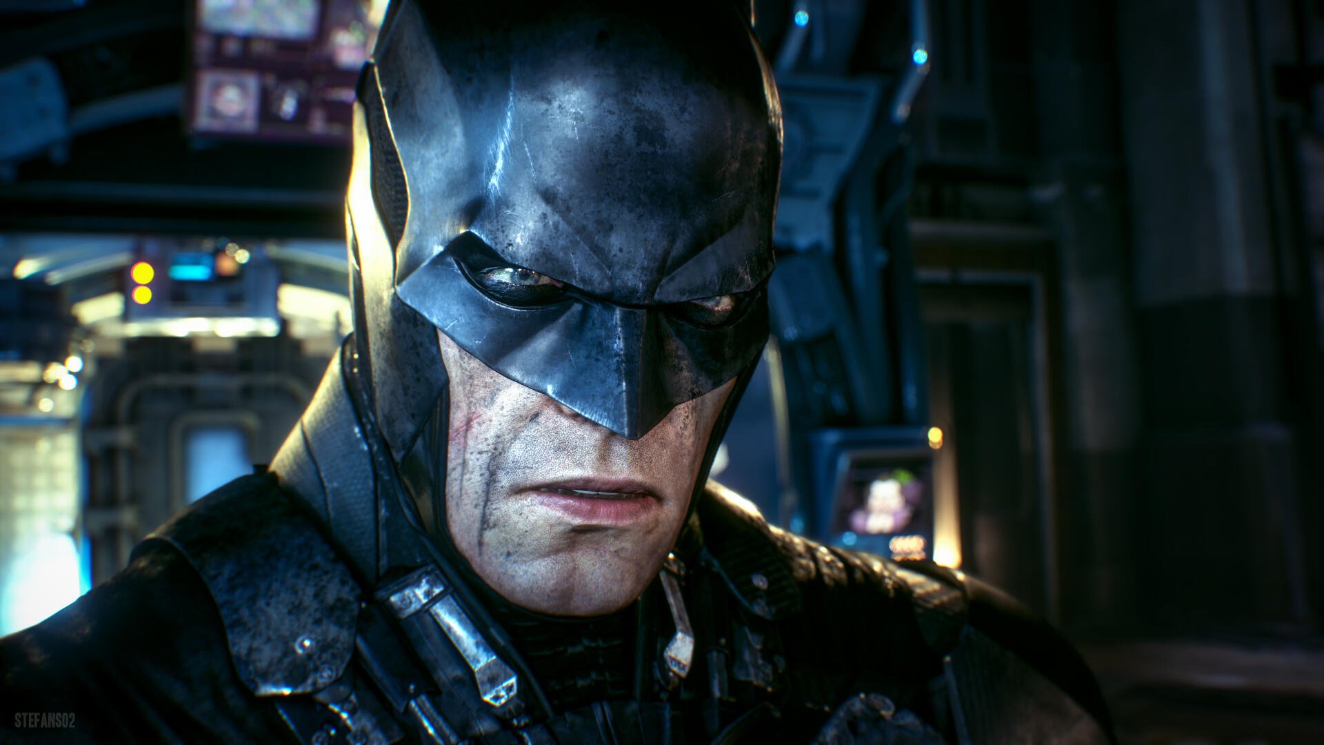 Close-up of Batman from Batman: Arkham Knight in his armored cowl with a grim expression — 4K Ultra HD PC desktop wallpaper and background.