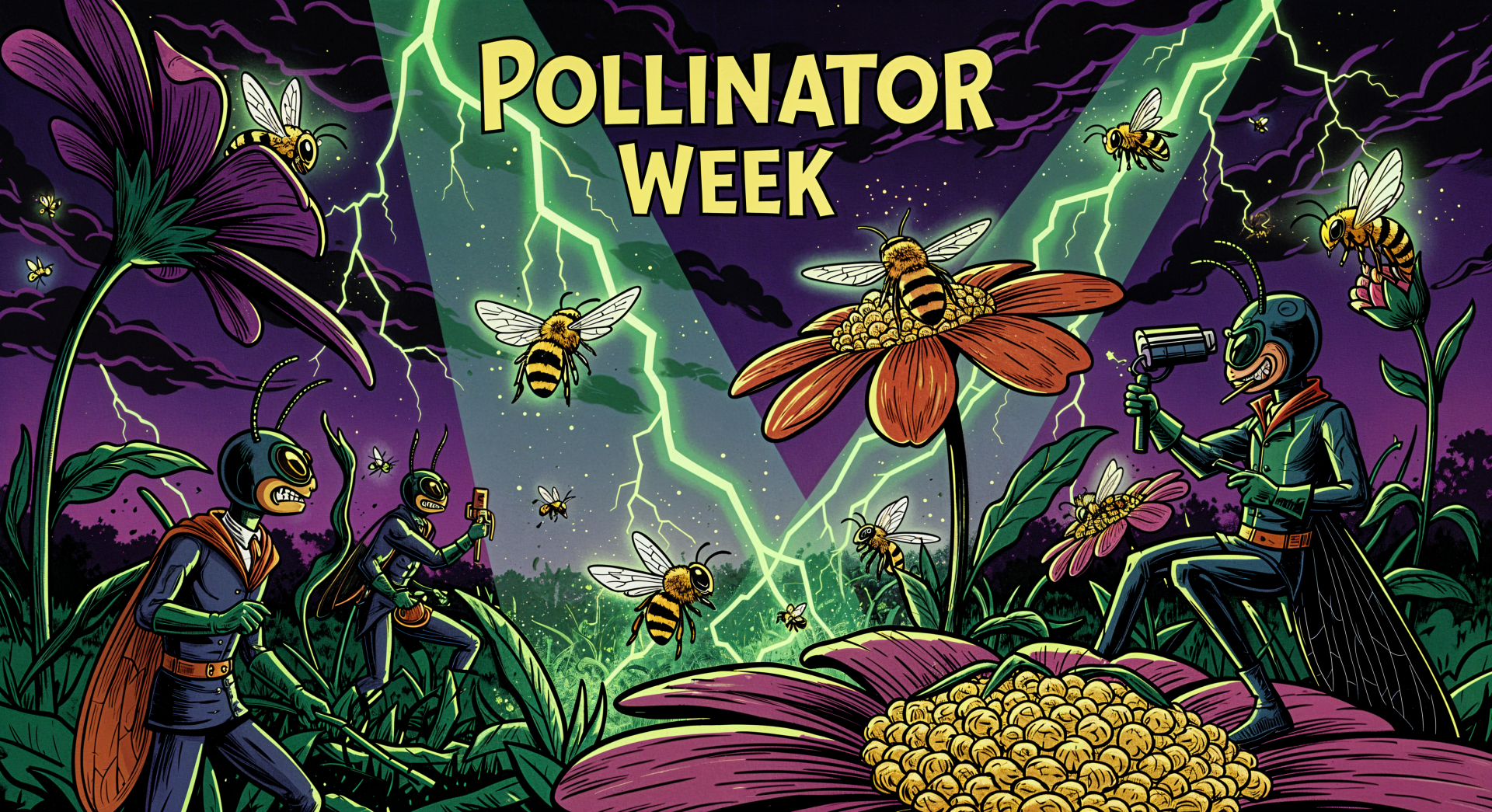 Vibrant 4K Ultra HD desktop wallpaper illustrating Pollinator Week with bees and insects collecting nectar amidst glowing flowers and dramatic lightning in a dark sky.