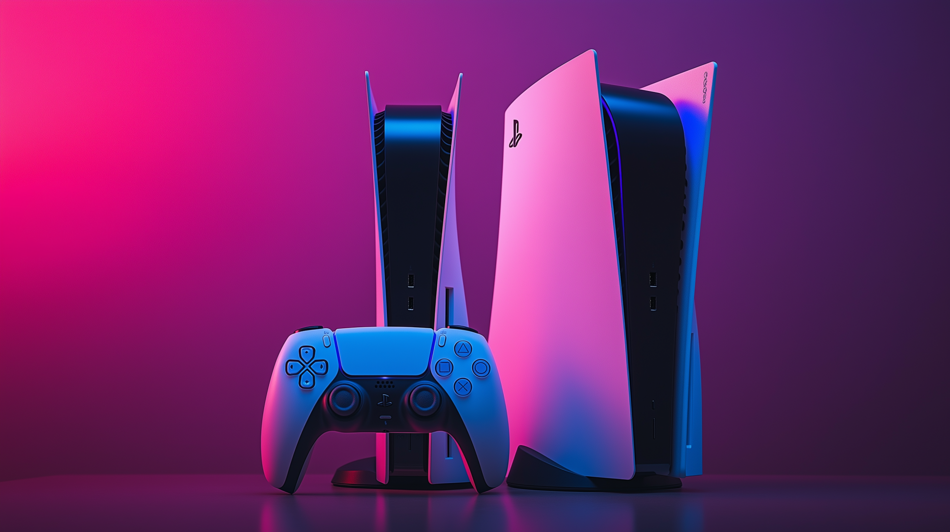 HD desktop wallpaper featuring a PlayStation 5 console and controller illuminated with vibrant pink and purple lighting.