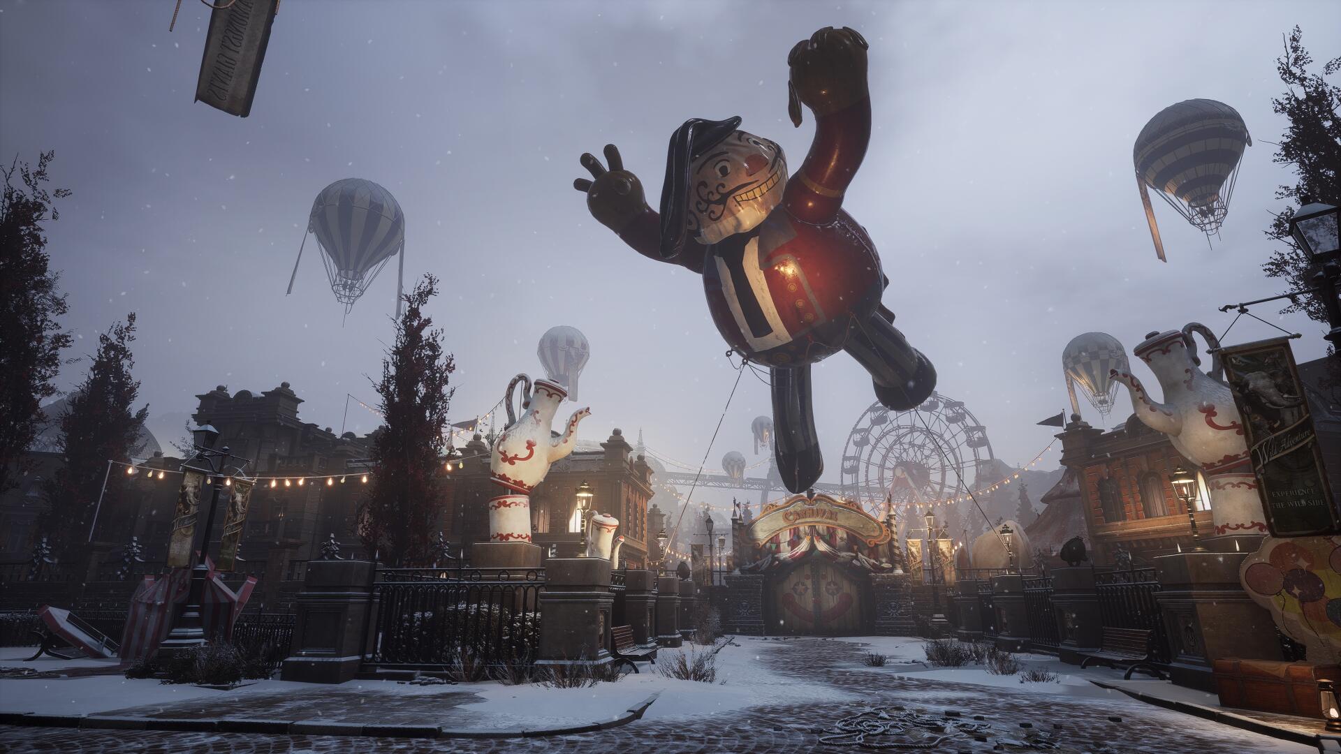 4K Ultra HD PC wallpaper from the video game Lies Of P: Overture features a dark, eerie carnival scene with large floating puppets under a cloudy sky.