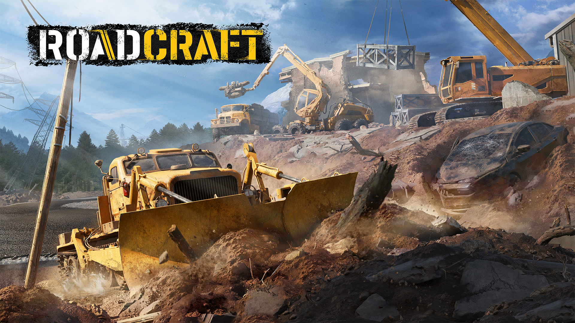 HD PC desktop wallpaper from the video game RoadCraft, showcasing construction vehicles working on rough terrain under a cloudy sky.