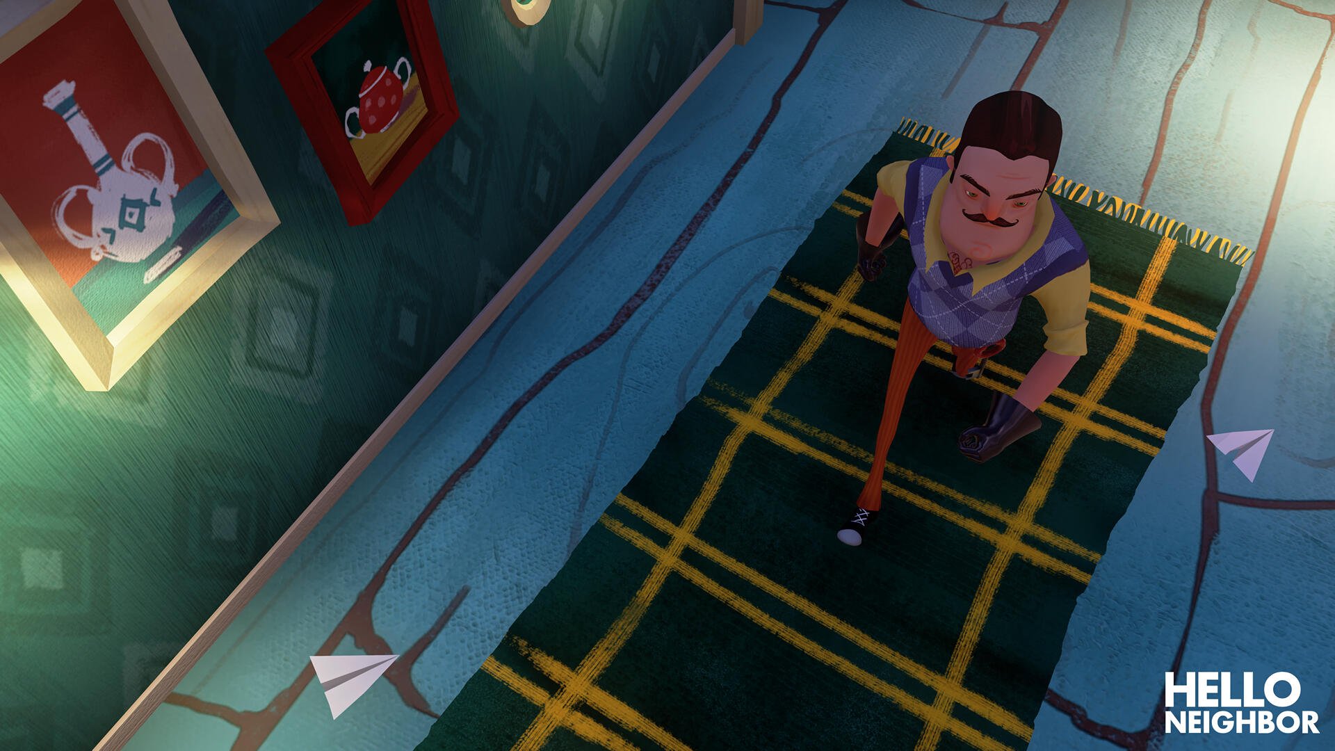 HD PC desktop wallpaper featuring a scene from the video game Hello Neighbor, showing the character inside a dimly lit room with paper planes scattered around.