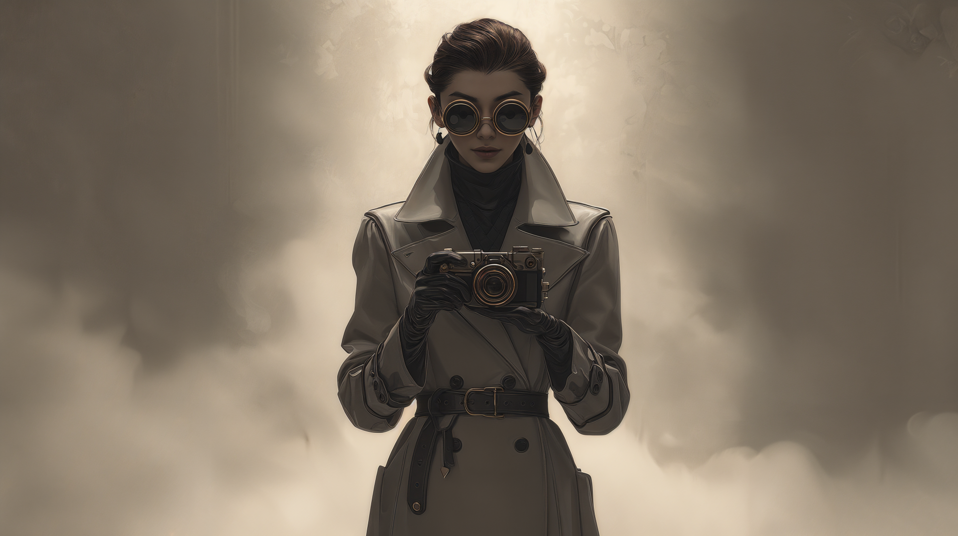 A woman spy in a trench coat and sunglasses holds a camera, set against a moody backdrop, captured in a 4K Ultra HD PC desktop wallpaper.