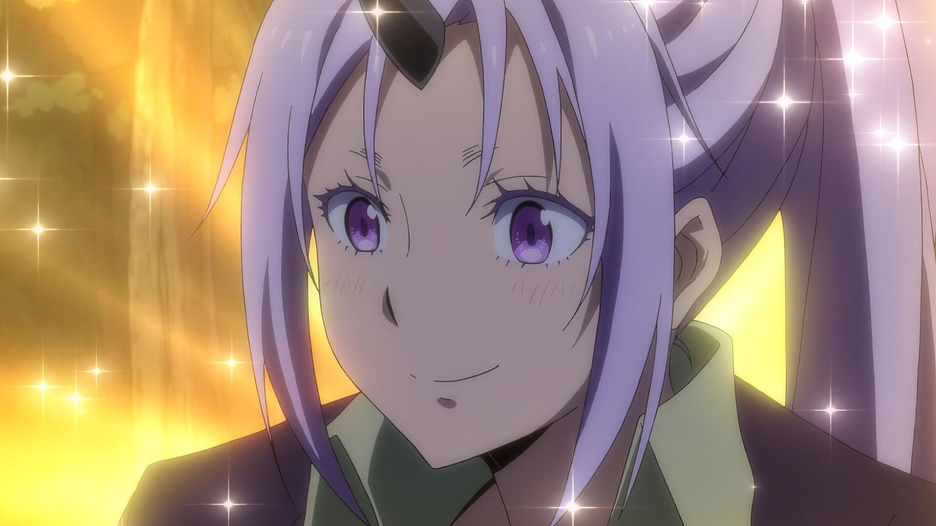 HD anime desktop wallpaper featuring Shion from That Time I Got Reincarnated as a Slime, showcasing her purple hair and violet eyes with a sparkling golden background.