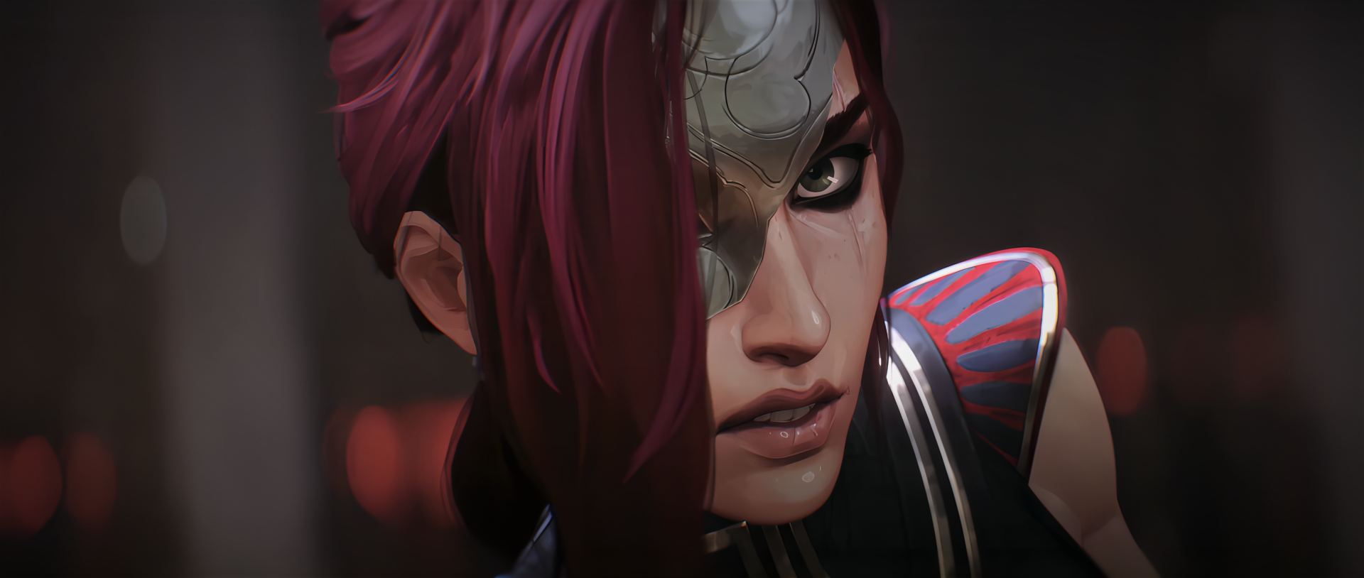 HD PC desktop wallpaper featuring Katarina, a fierce character from the video game League of Legends, with striking red hair and intense gaze.