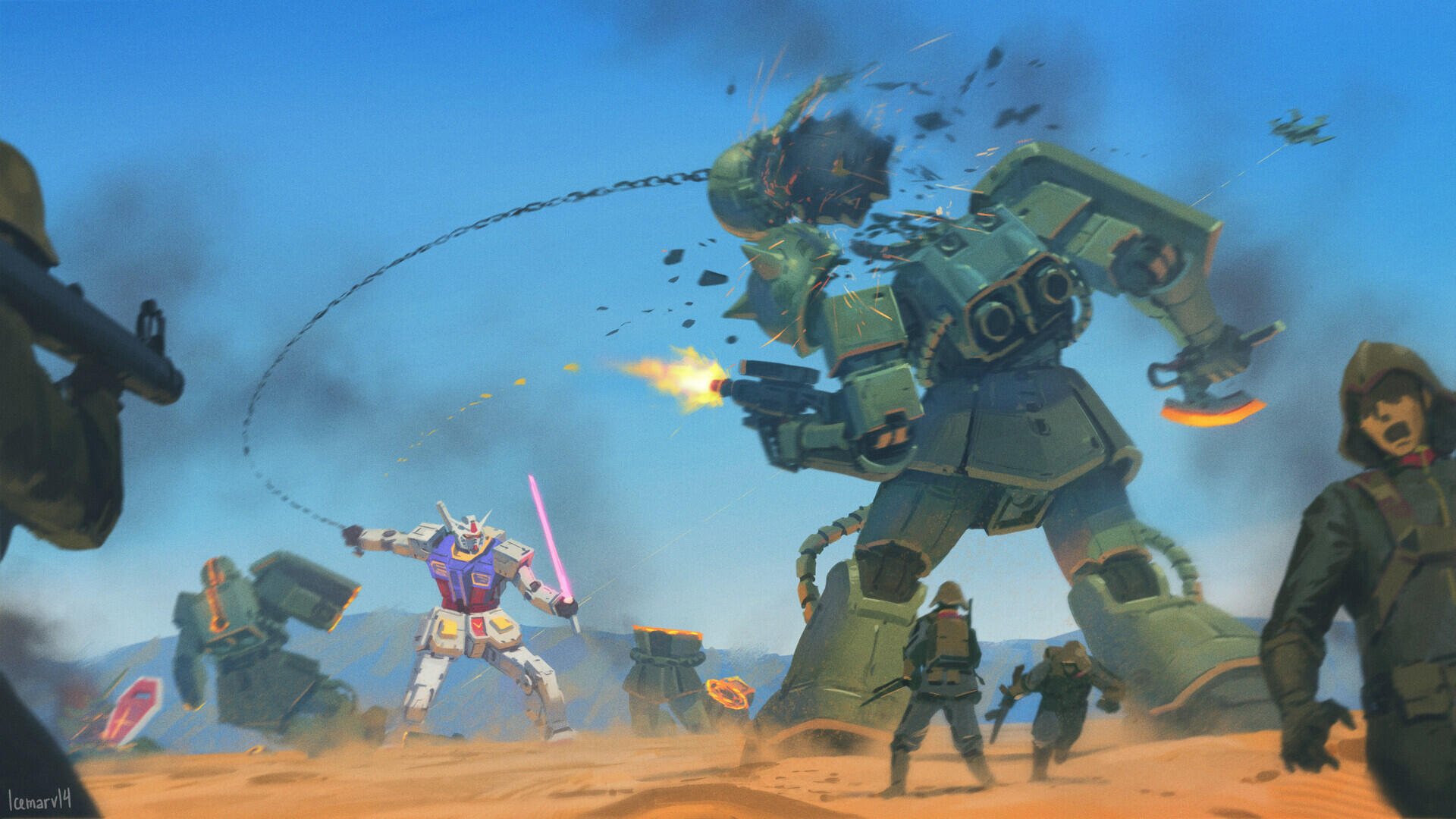 HD anime desktop wallpaper featuring the RX-78-2 Gundam from Mobile Suit Gundam in an intense battle scene with enemy mechs and soldiers.