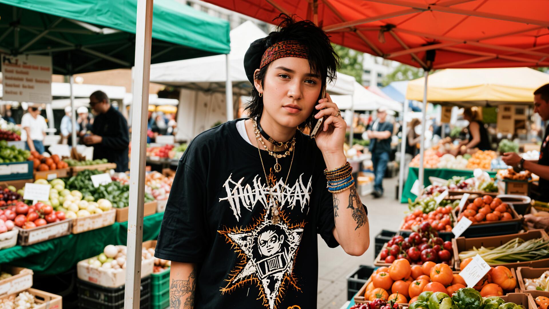 A young person in casual attire browsing fresh produce at a bustling farmers market, captured in vibrant 4K Ultra HD for a PC desktop wallpaper.