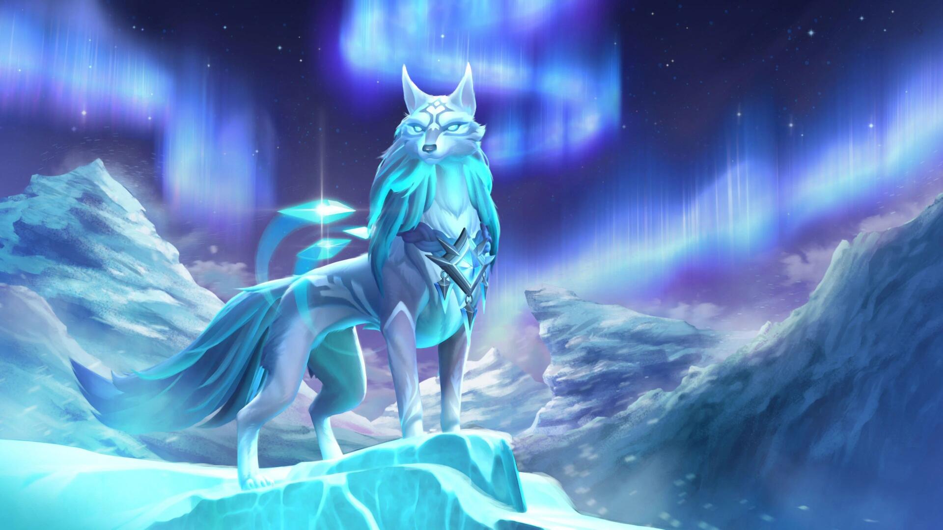 4K Ultra HD DotA 2 wallpaper featuring Crystal Maiden's icy wolf spirit against a glowing northern lights backdrop on a frozen landscape.