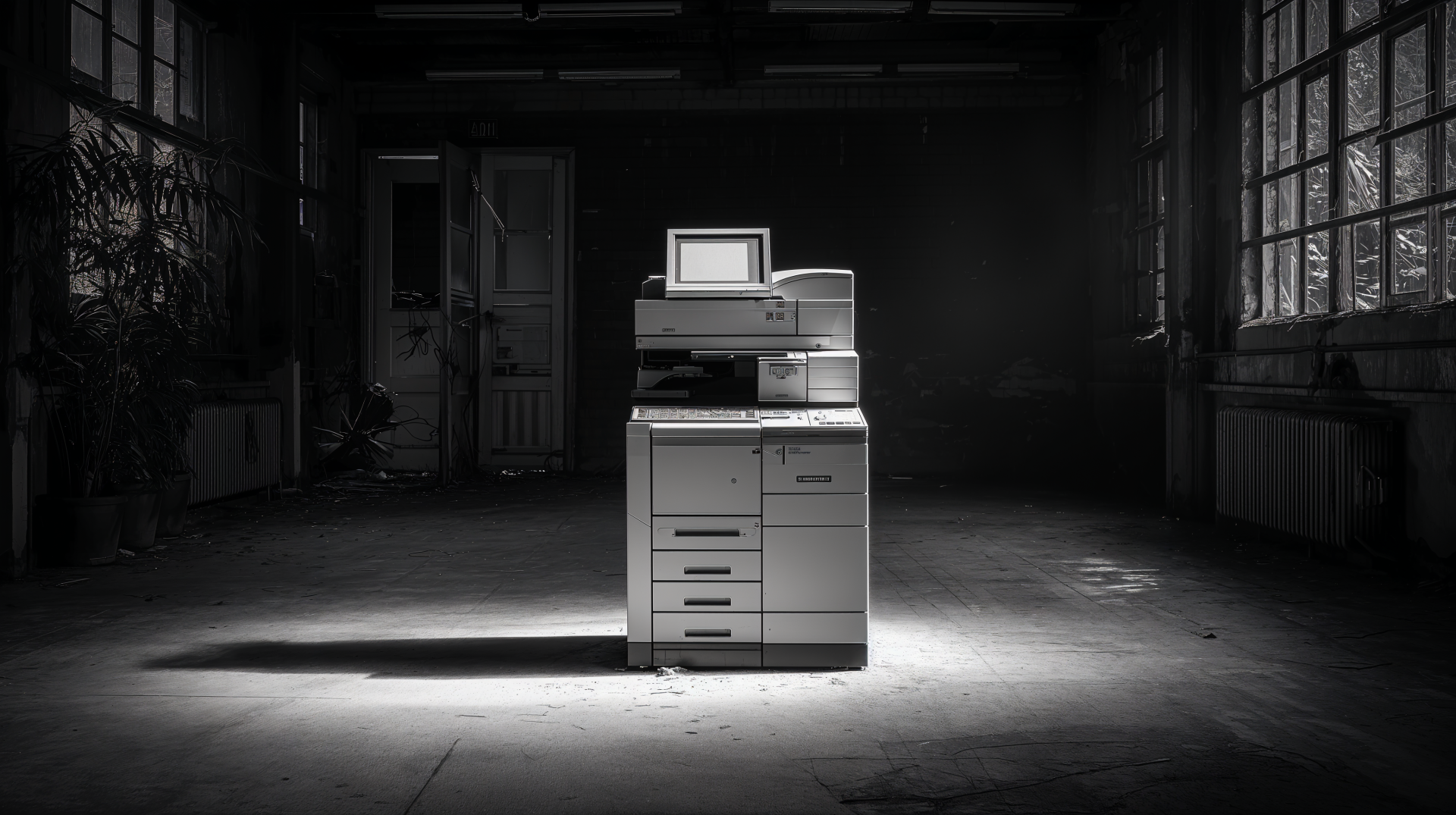 A black and white 4K Ultra HD desktop wallpaper featuring a lone photocopier illuminated in a dim, industrial room with large windows and a somber atmosphere.