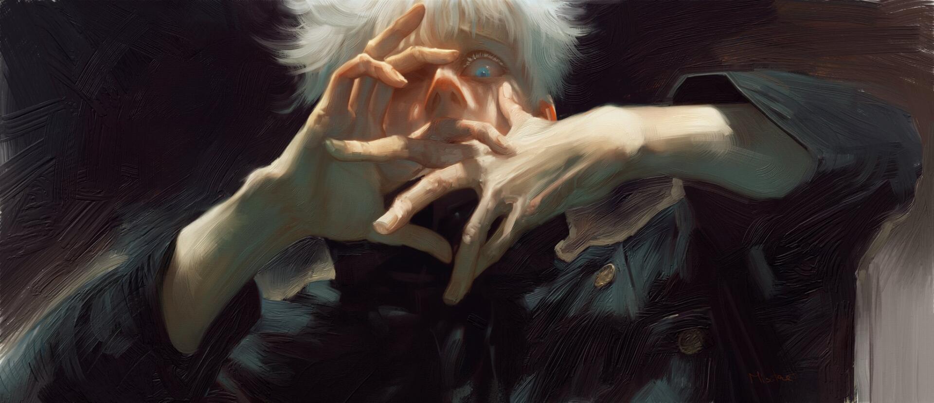 HD PC desktop wallpaper featuring a detailed painting of Satoru Gojo from the anime Jujutsu Kaisen with striking white hair and glowing blue eye.