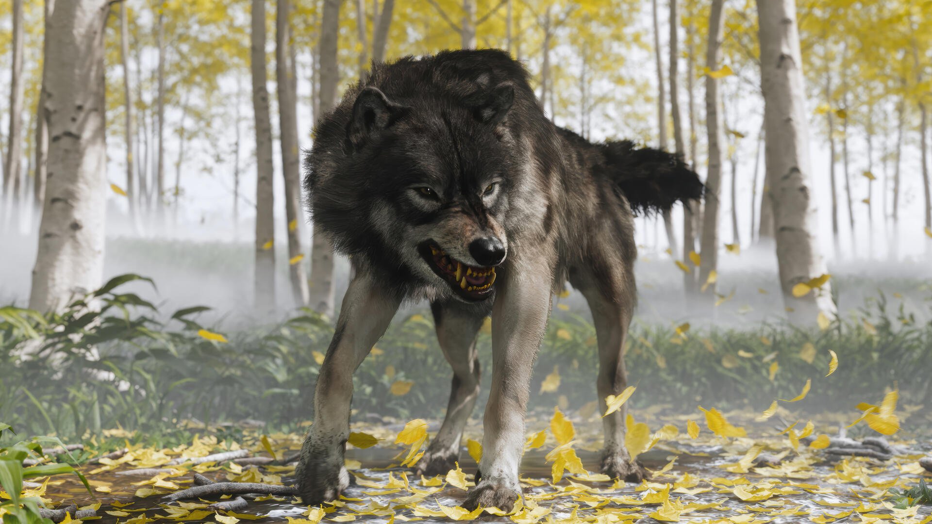A snarling black wolf in an autumn forest, depicted in a 4K Ultra HD Ghost of Yōtei video game wallpaper with yellow leaves scattered on the ground.