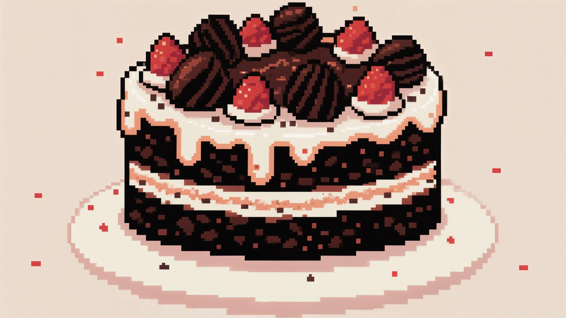 4K Ultra HD pixel art wallpaper of a black forest cake with chocolate layers, cream drips, strawberries, and chocolate decorations on a light background.