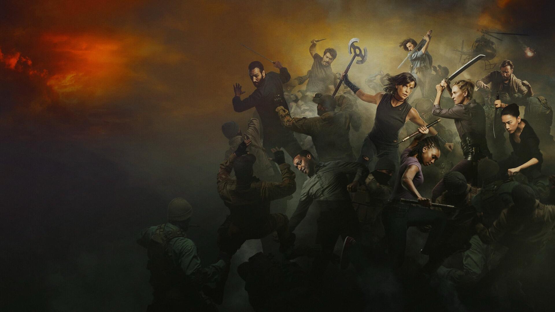 A dynamic 4K Ultra HD PC desktop wallpaper featuring intense action scenes from The Old Guard 2, with characters engaged in combat amidst dark, smoky surroundings.