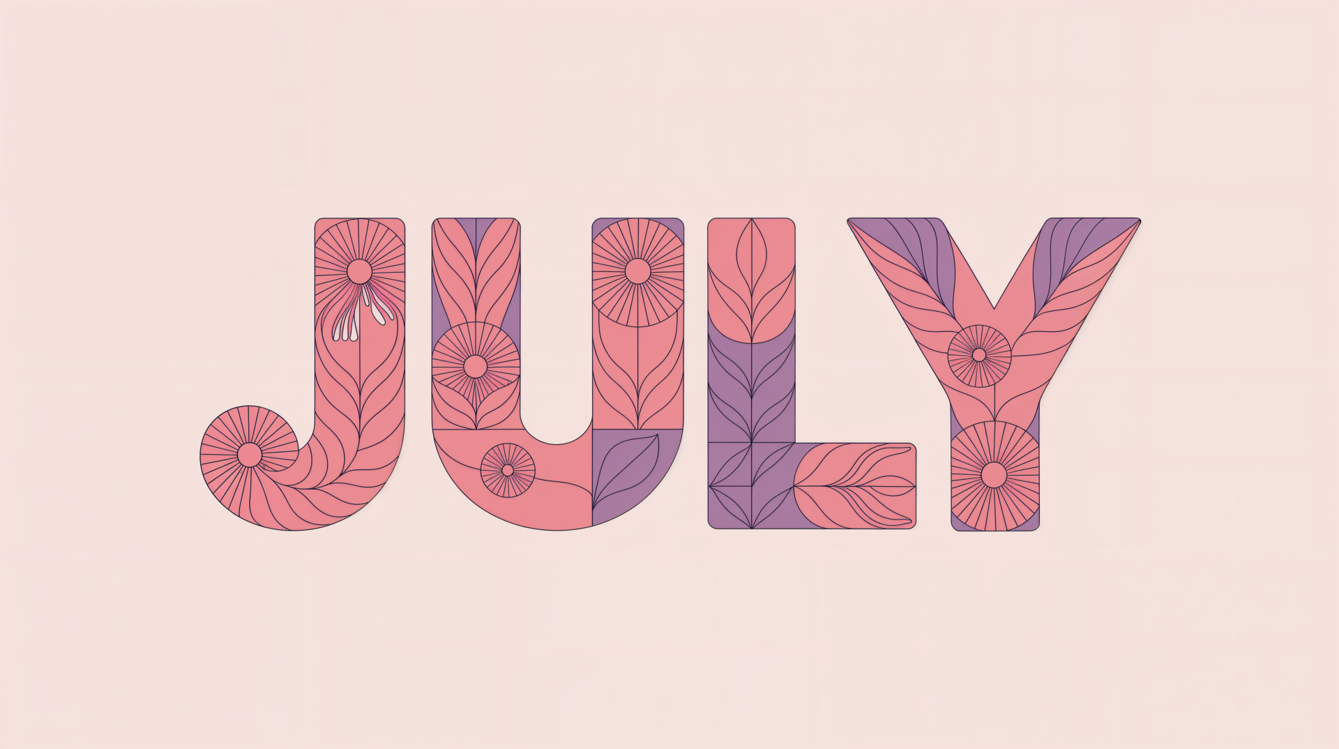 July spelled out with intricate floral patterns in shades of pink and purple, rendered in 4K Ultra HD for a vibrant PC desktop wallpaper.