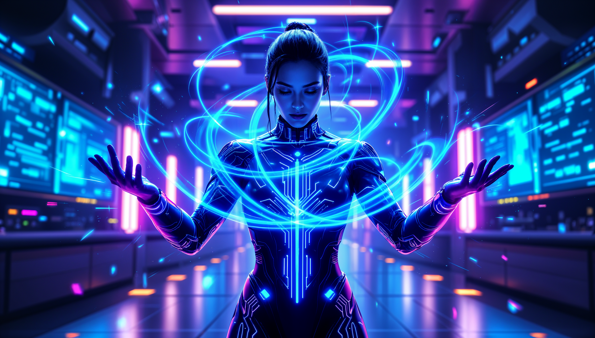 A futuristic figure conjures glowing blue magic spells in a high-tech room, rendered in vivid detail for a 4K Ultra HD PC desktop wallpaper.