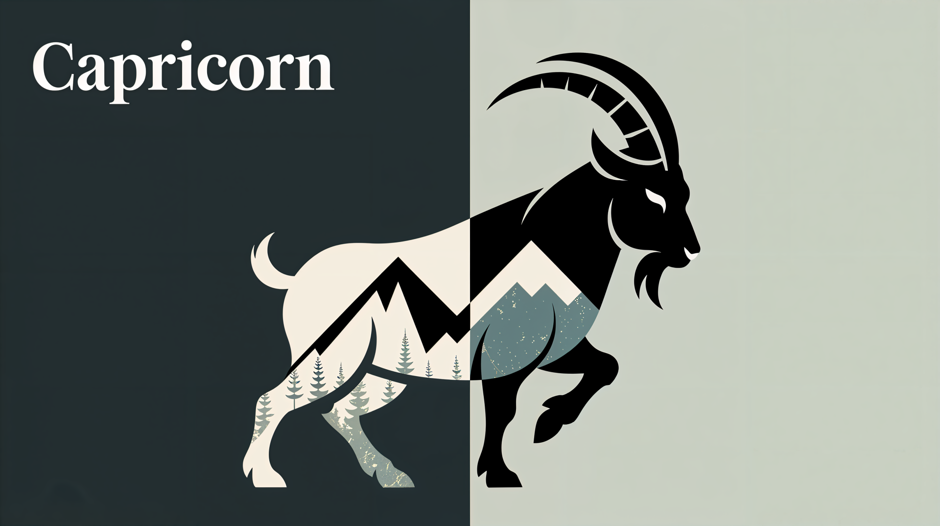 4K Ultra HD Capricorn astrology wallpaper featuring a stylized black and white goat with mountain and forest motifs integrated within its body.