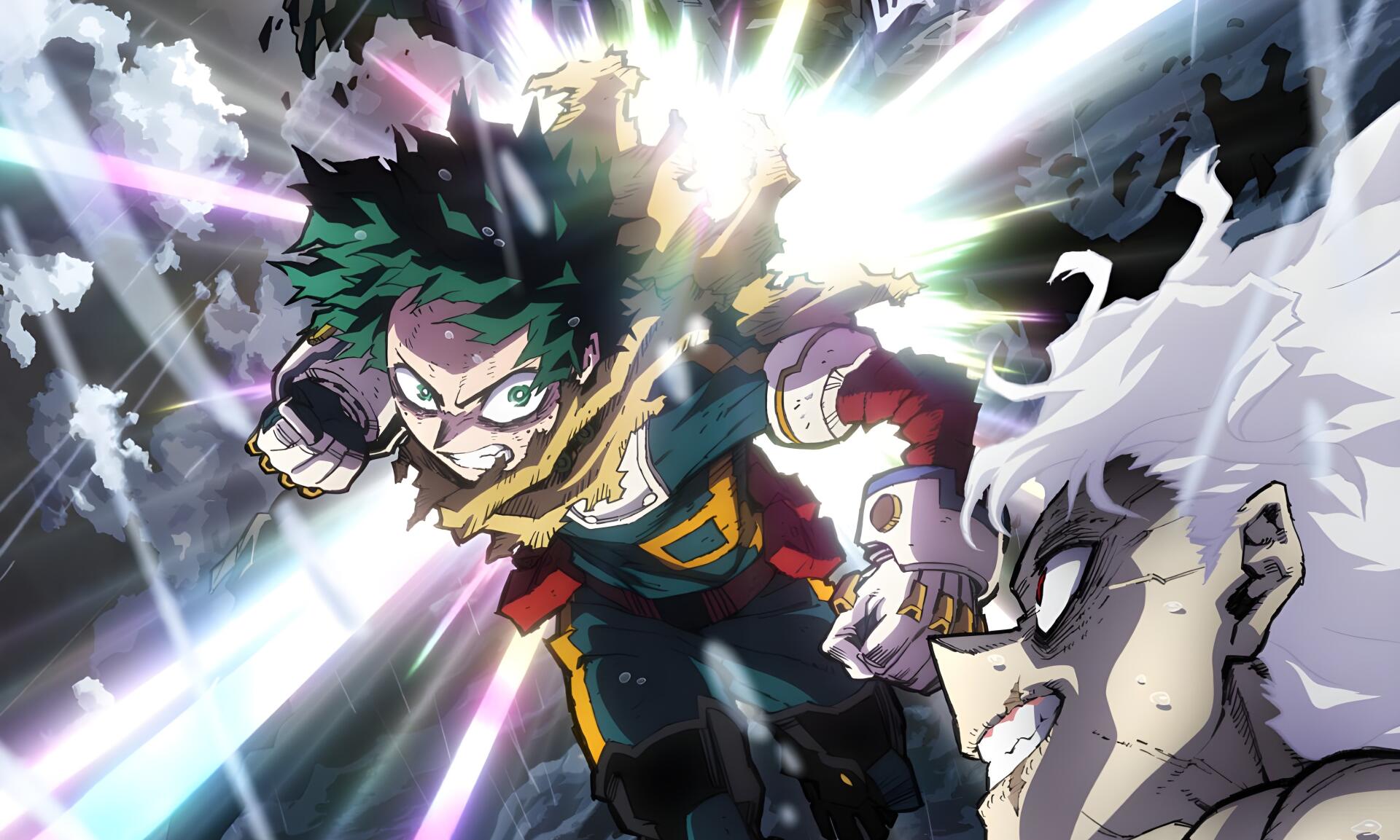 4K Ultra HD anime wallpaper featuring Izuku Midoriya and Tomura Shigaraki from My Hero Academia in dynamic action poses with vivid lighting effects.