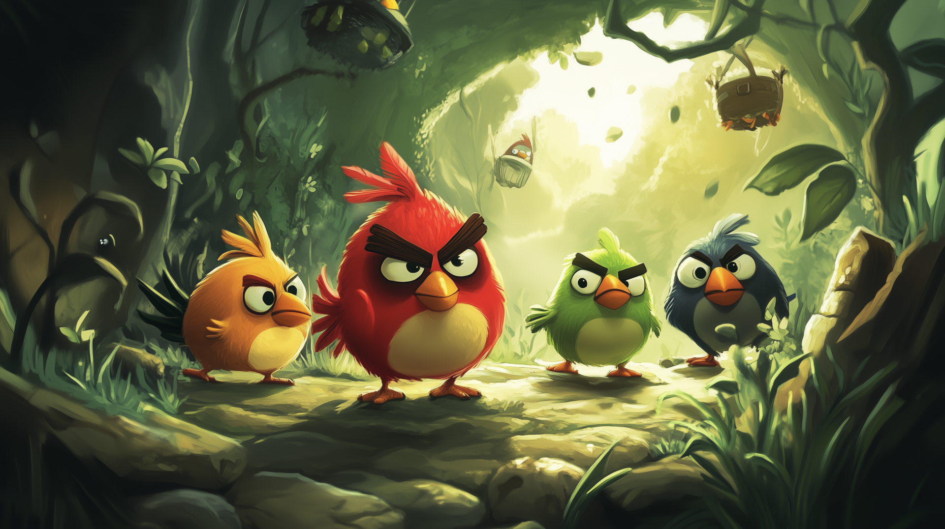 HD PC desktop wallpaper featuring Angry Birds characters in a vibrant forest scene, inspired by the popular mobile game.