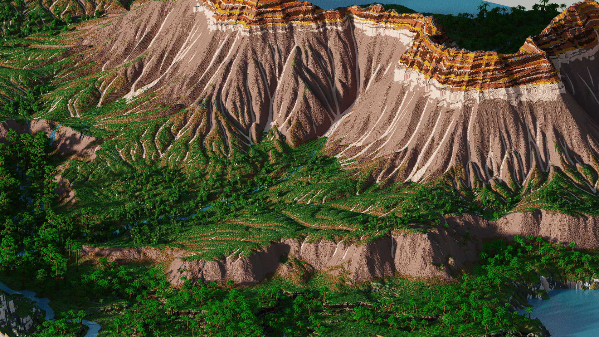 HD PC desktop wallpaper showcasing a detailed Minecraft miniature rainforest jungle landscape with rugged cliffs and lush greenery.