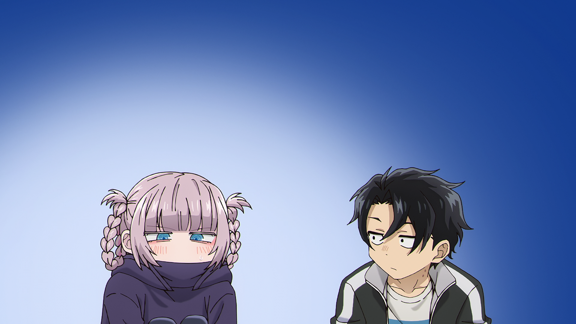 Anime HD PC wallpaper featuring Nazuna Nanakusa and Kou Yamori from Call of the Night against a blue gradient background.