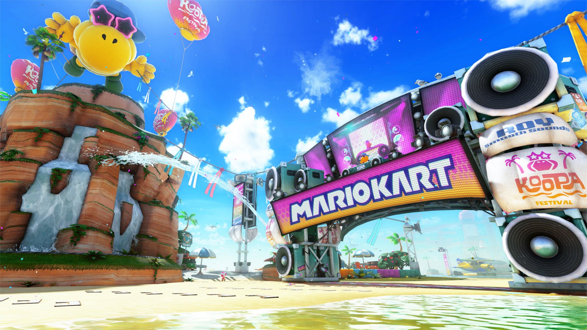 HD PC desktop wallpaper featuring a vibrant Mario Kart world scene with bright skies, colorful signage, and iconic game elements in a lively racing environment.