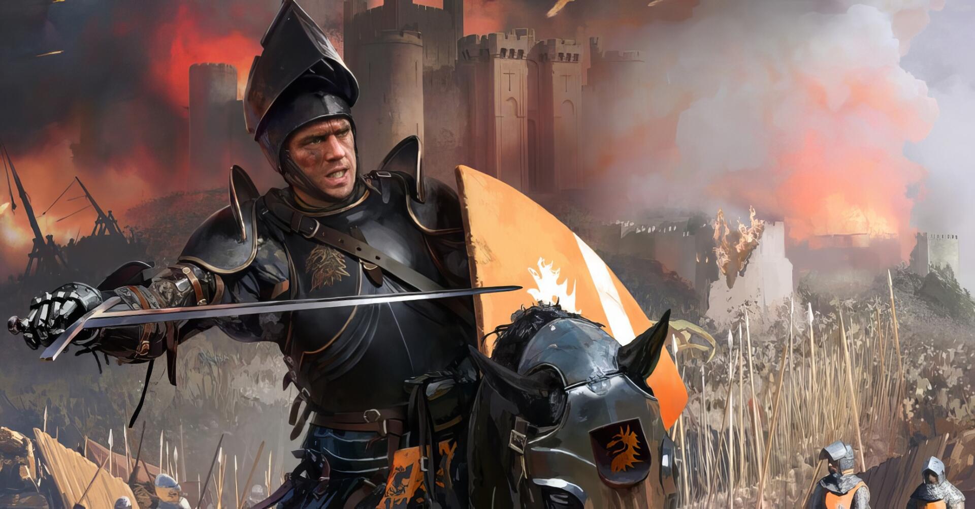 HD PC desktop wallpaper featuring a knight in armor from the video game Stronghold Crusader, set against a dramatic medieval castle battlefield background.