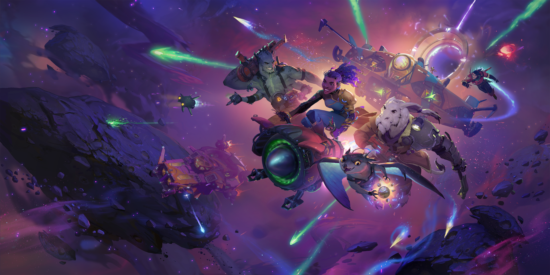 A vibrant 4K Ultra HD Wildgate gaming art wallpaper depicting characters and spacecraft engaged in an intense cosmic battle within a colorful galaxy backdrop.