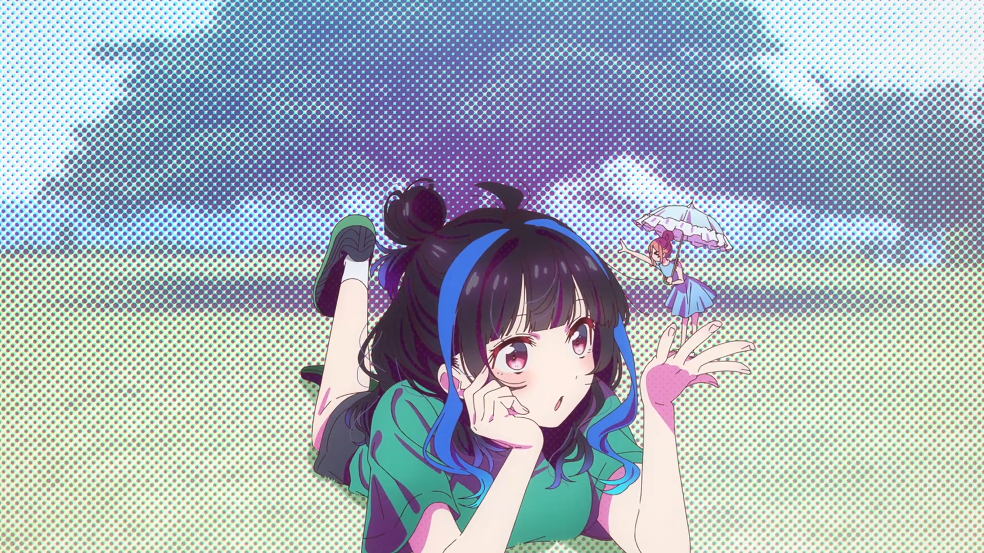 HD PC desktop wallpaper of Ruka Sarashina from the anime Rent-A-Girlfriend, featuring her lying on grass with a small fairy-like figure on her hand against a tree background.