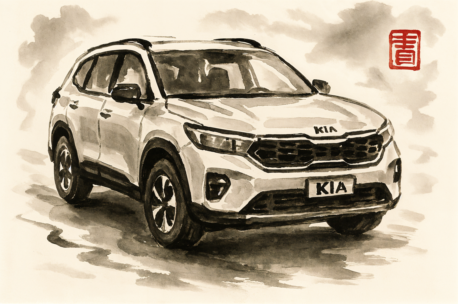 4K Ultra HD PC desktop wallpaper featuring a detailed artistic illustration of a Kia SUV in monochrome tones with a traditional stamp accent.
