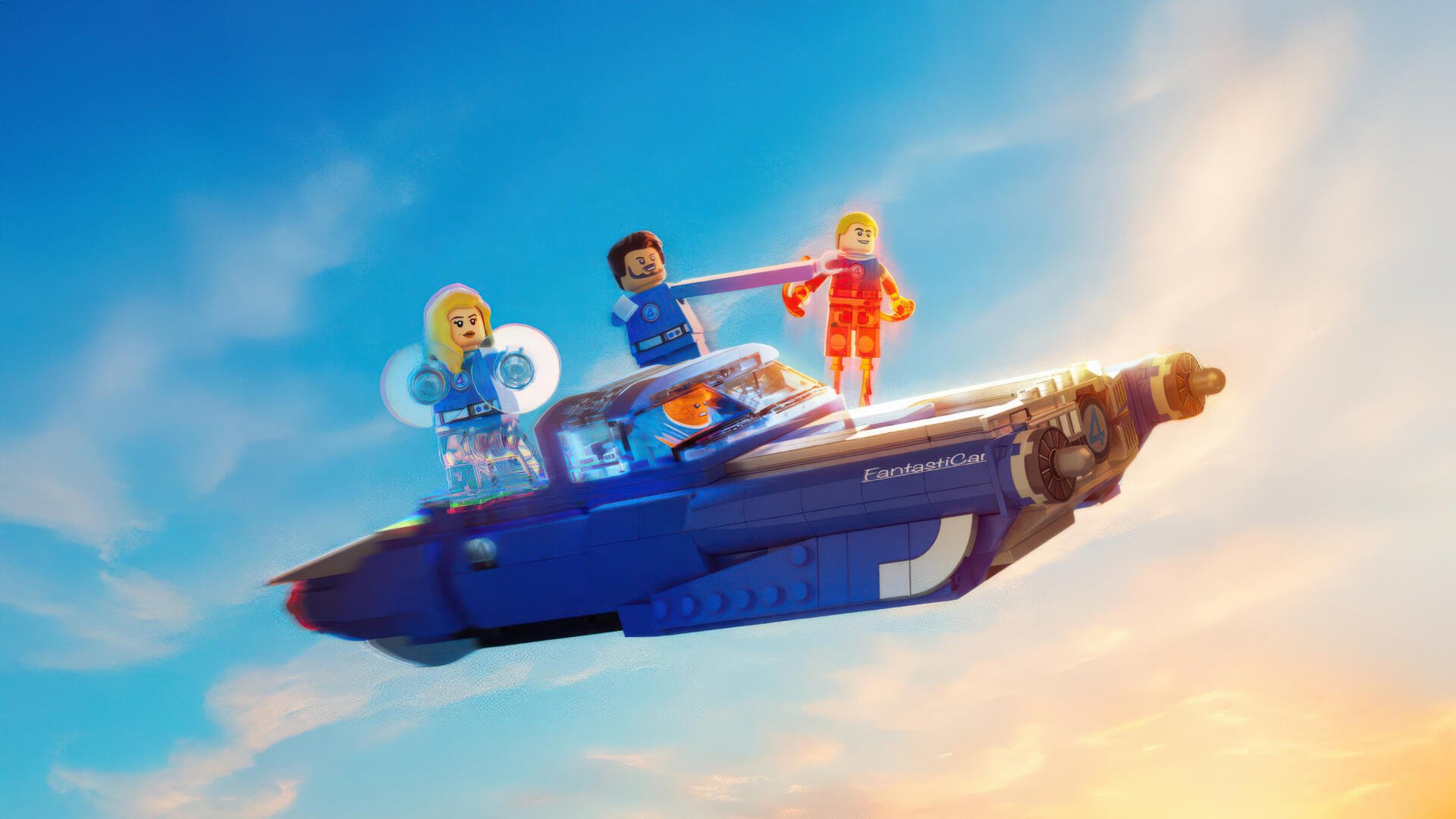 Lego characters from The Fantastic Four: First Steps soar on a futuristic hovercraft against a bright sky in this 4K Ultra HD PC desktop wallpaper.