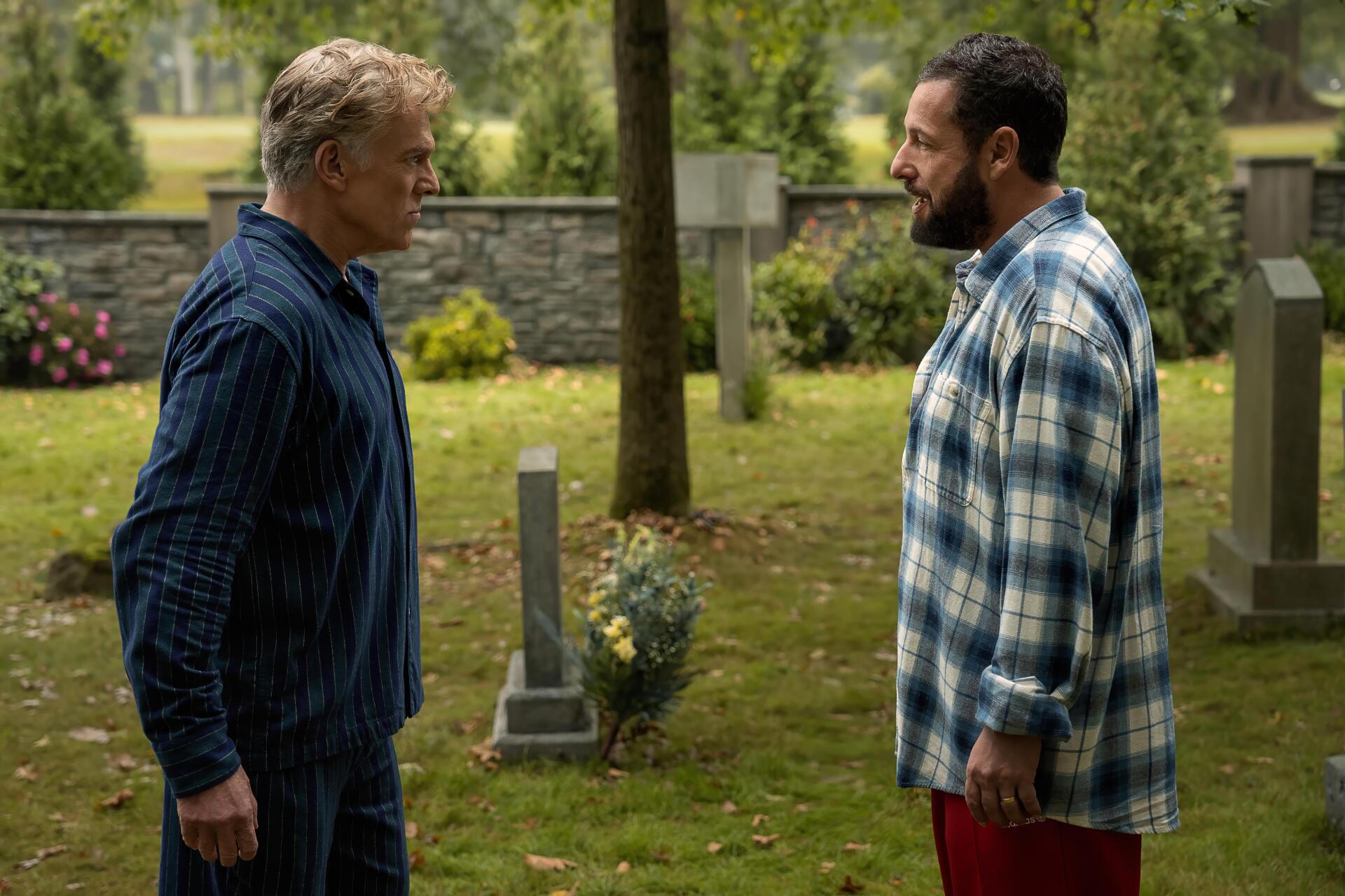Scene from the movie Happy Gilmore 2 featuring two men confronting each other in a graveyard, presented as a 4K Ultra HD PC desktop wallpaper and background.