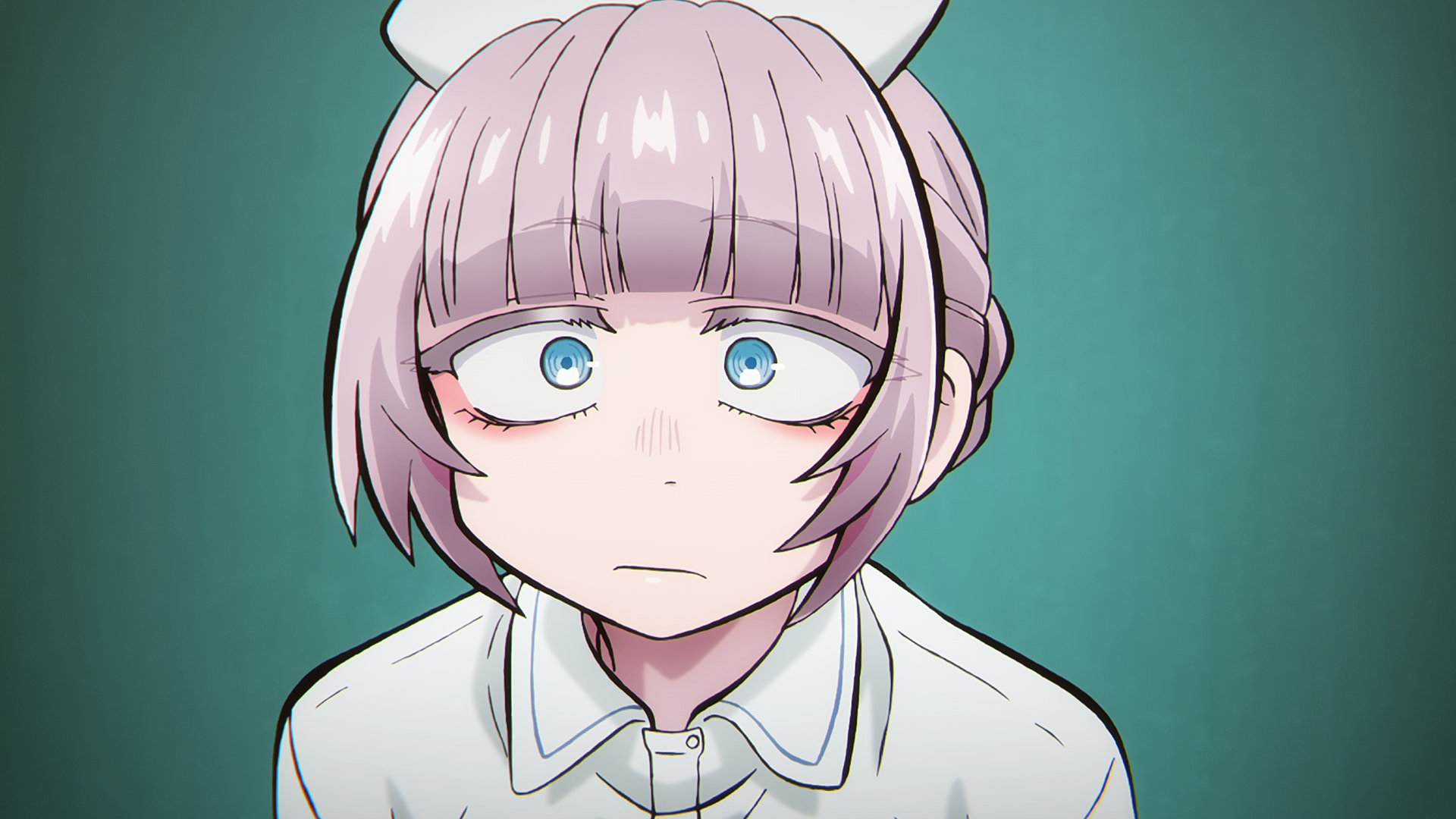 HD anime desktop wallpaper featuring Nazuna Nanakusa from Call of the Night, with her signature lavender hair and wide blue eyes against a simple teal background.