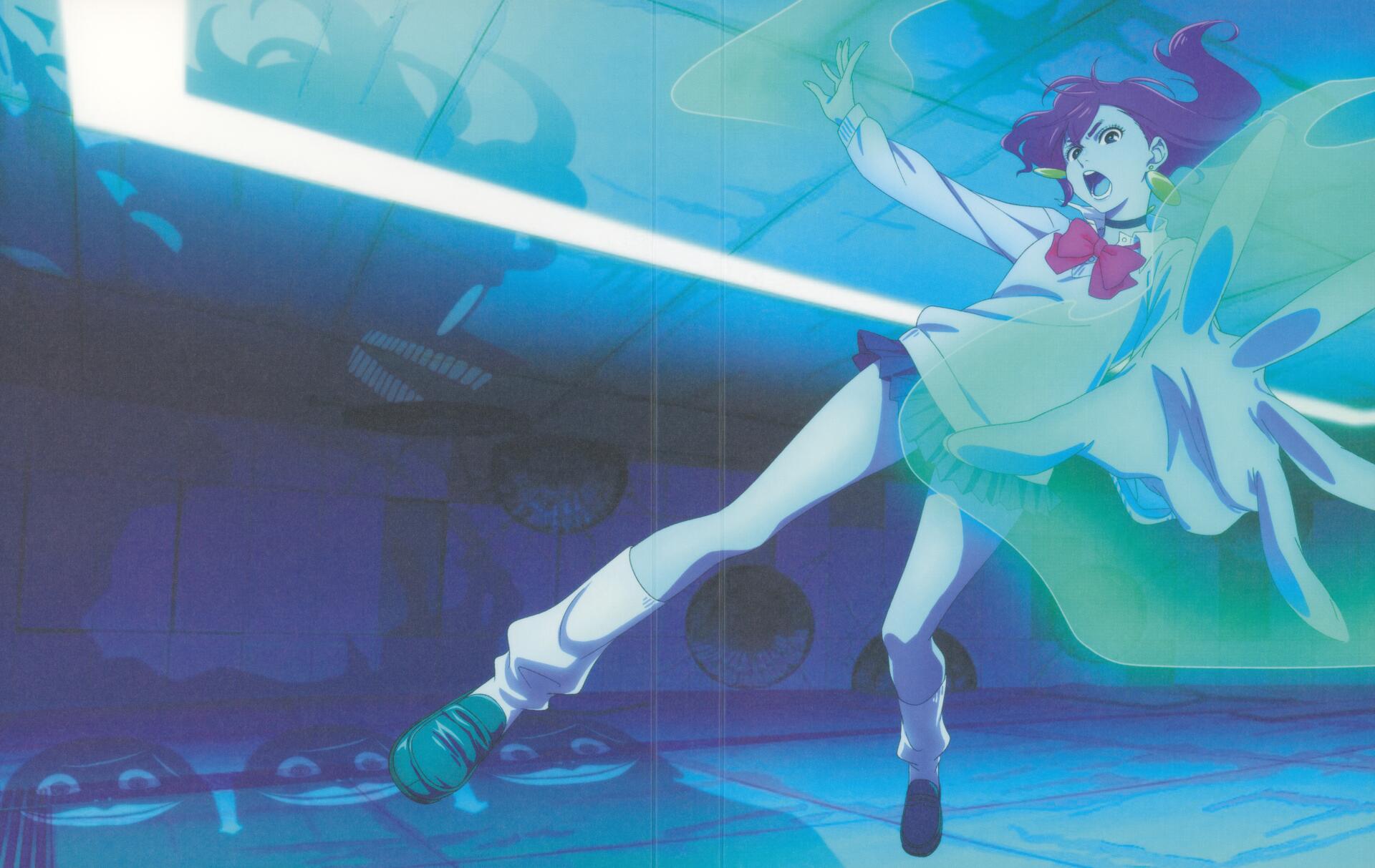 8K Ultra HD anime wallpaper featuring Momo Ayase from Dandadan, captured in a dynamic and vibrant action pose with vivid blue and green hues.