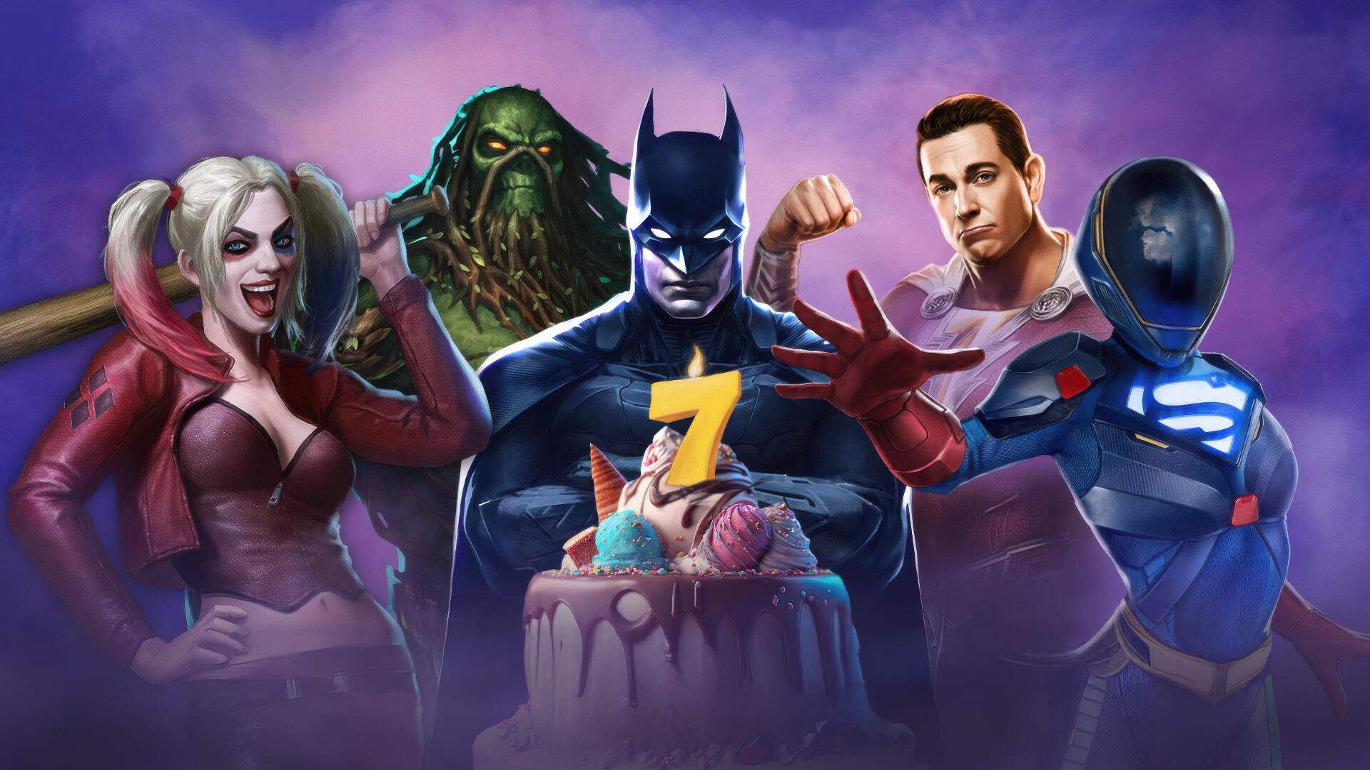 Injustice 2 4K Ultra HD PC wallpaper featuring Harley Quinn, Batman, and other characters celebrating a birthday with a cake against a vibrant purple background.