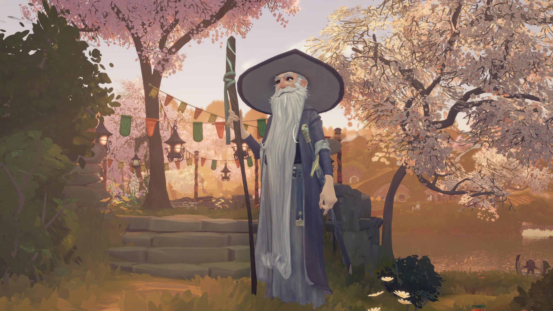 4K Ultra HD wallpaper featuring a wizard character from the video game Tales of the Shire: A The Lord of the Rings Game, standing in a cherry blossom-filled setting.