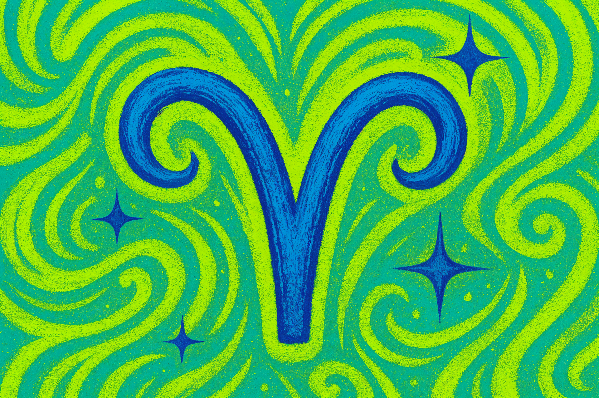 Vibrant Aries astrology symbol in bold blue against swirling green and yellow patterns, designed as a colorful 4K Ultra HD PC desktop wallpaper background.