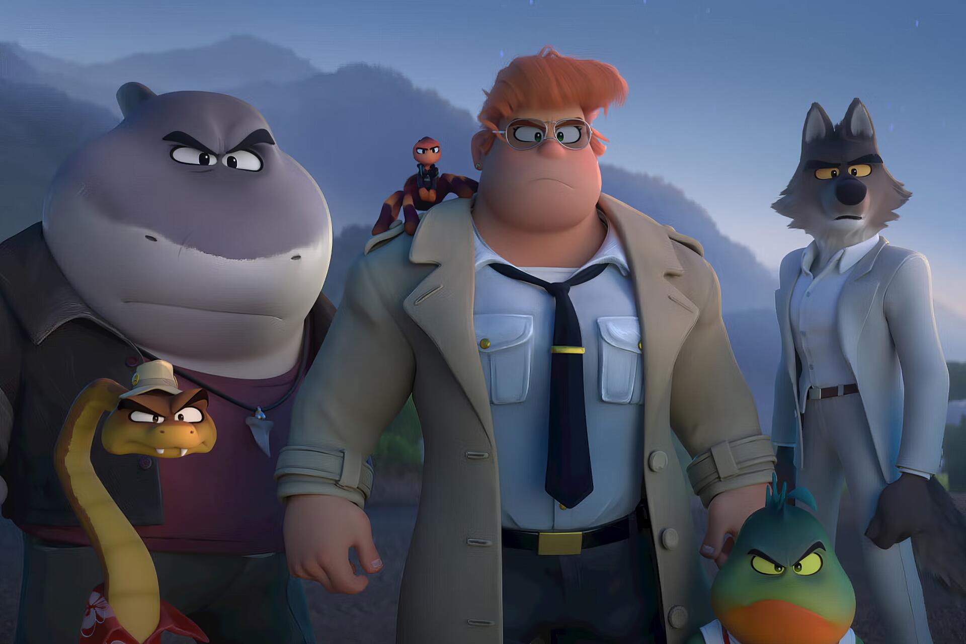 HD PC desktop wallpaper featuring characters from the movie The Bad Guys 2, showcasing a tough group including a shark, snake, wolf, and human in a dramatic setting.