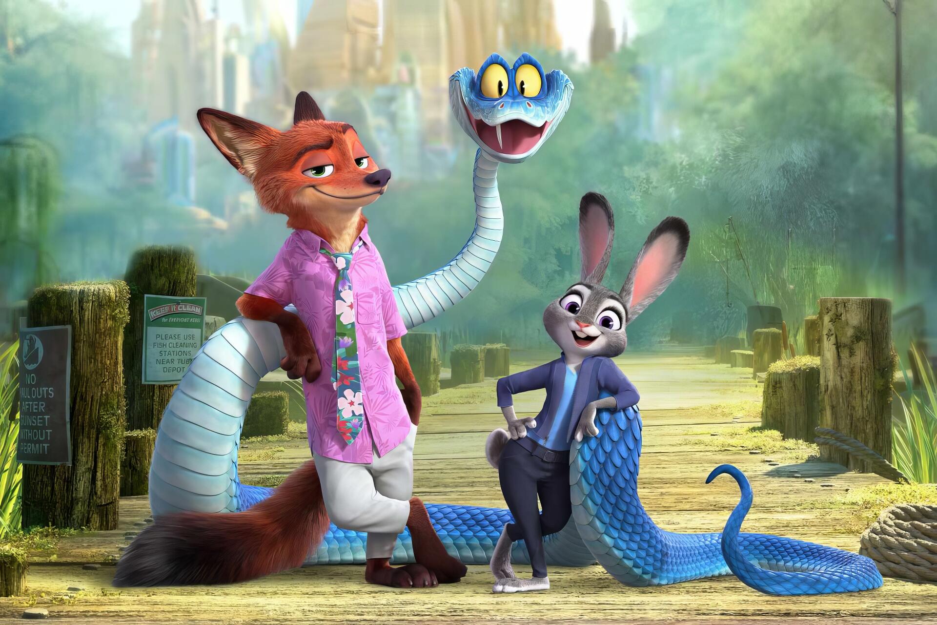 HD PC desktop wallpaper featuring Nick Wilde, Judy Hopps, and two serpents from the movie Zootopia 2 in a vibrant outdoor setting.