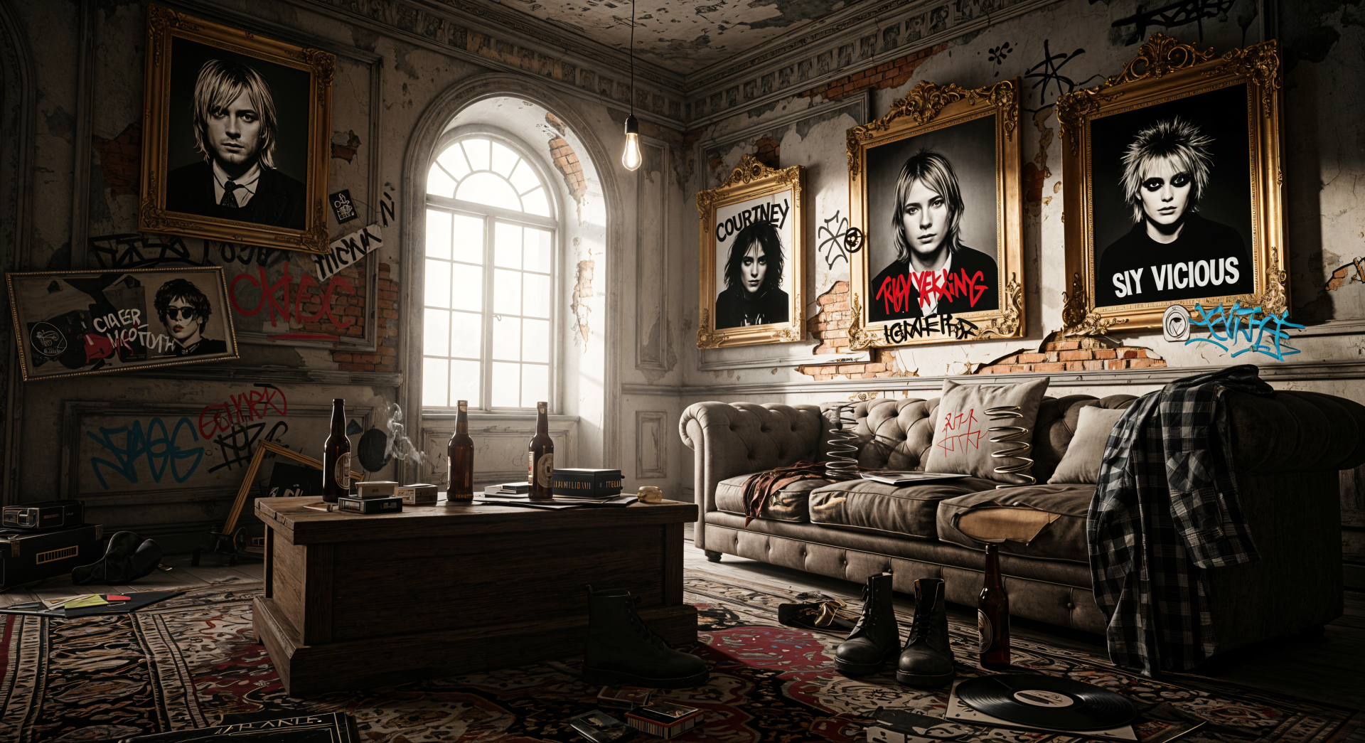 4K Ultra HD grunge PC desktop wallpaper featuring a worn, graffiti-covered room with vintage rockstar portraits and distressed furniture.